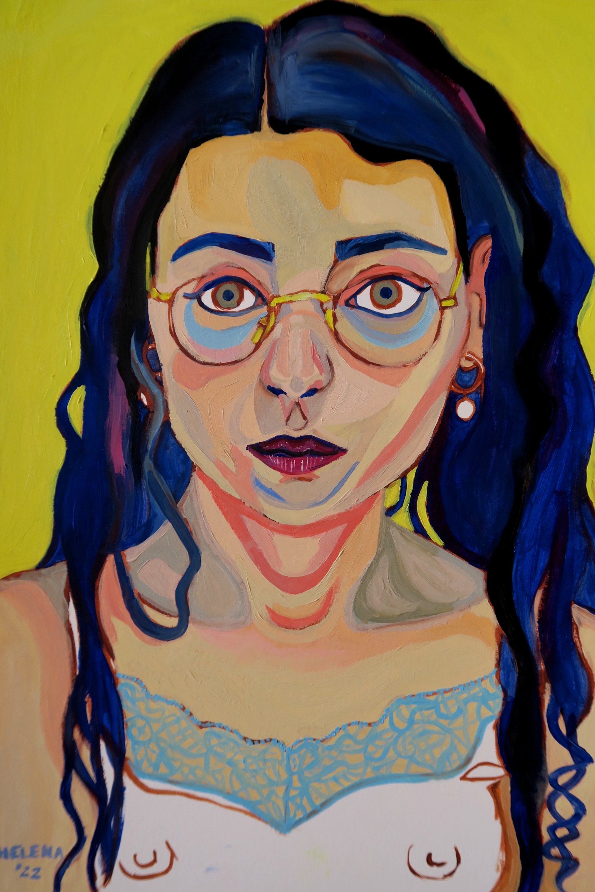 A painting of a woman with blue hair and glasses