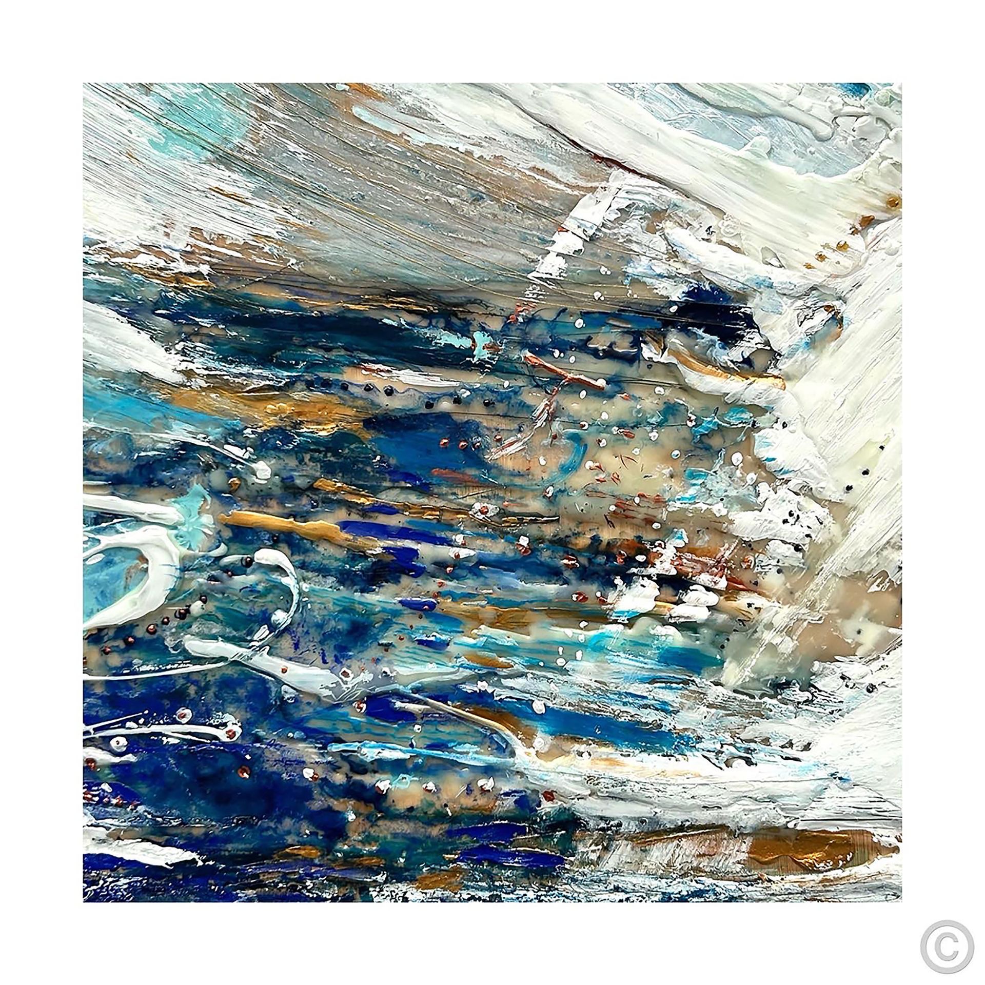 It is a painting of the ocean with waves and a white background.