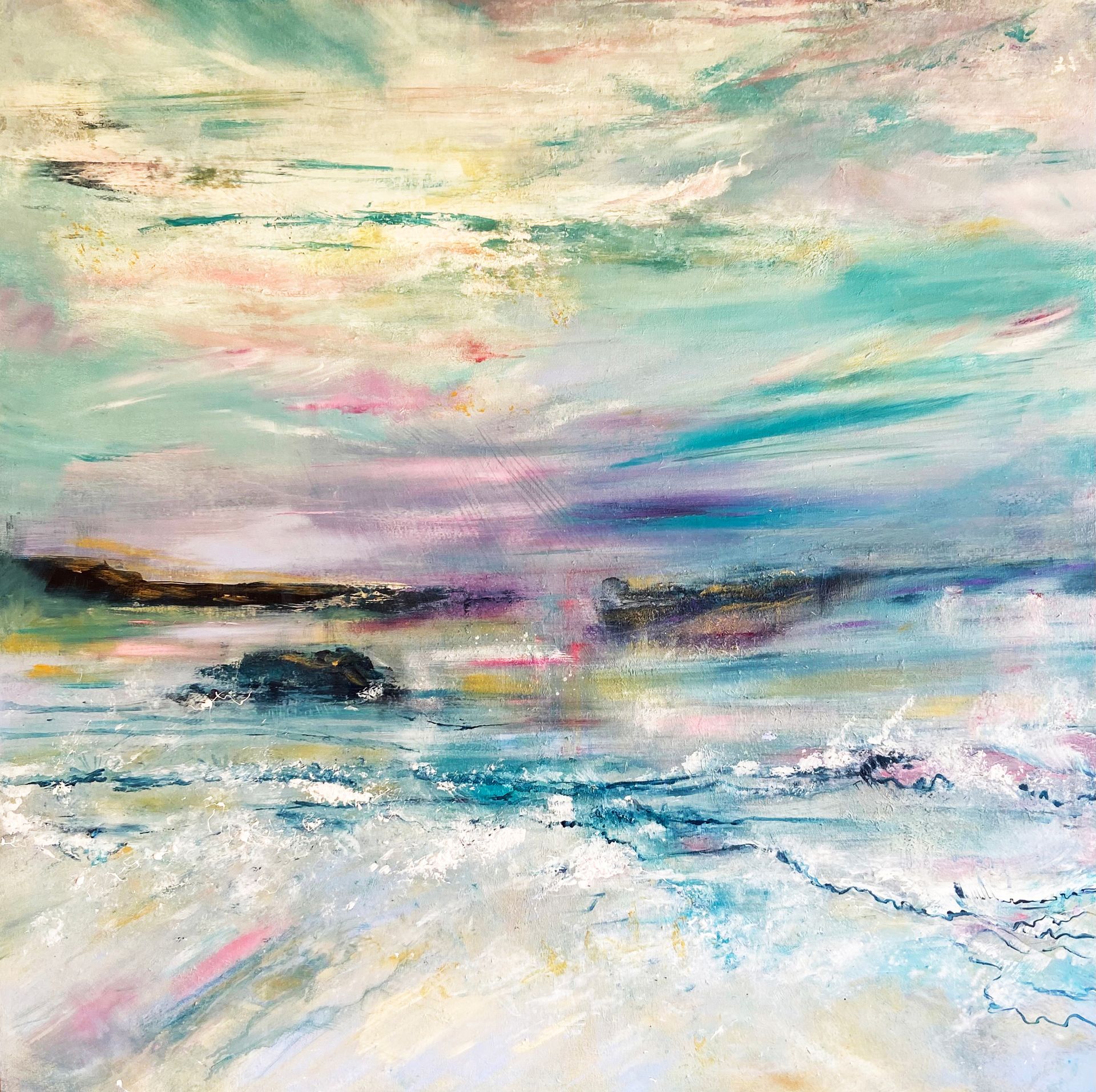 A painting of a seascape with a cloudy sky