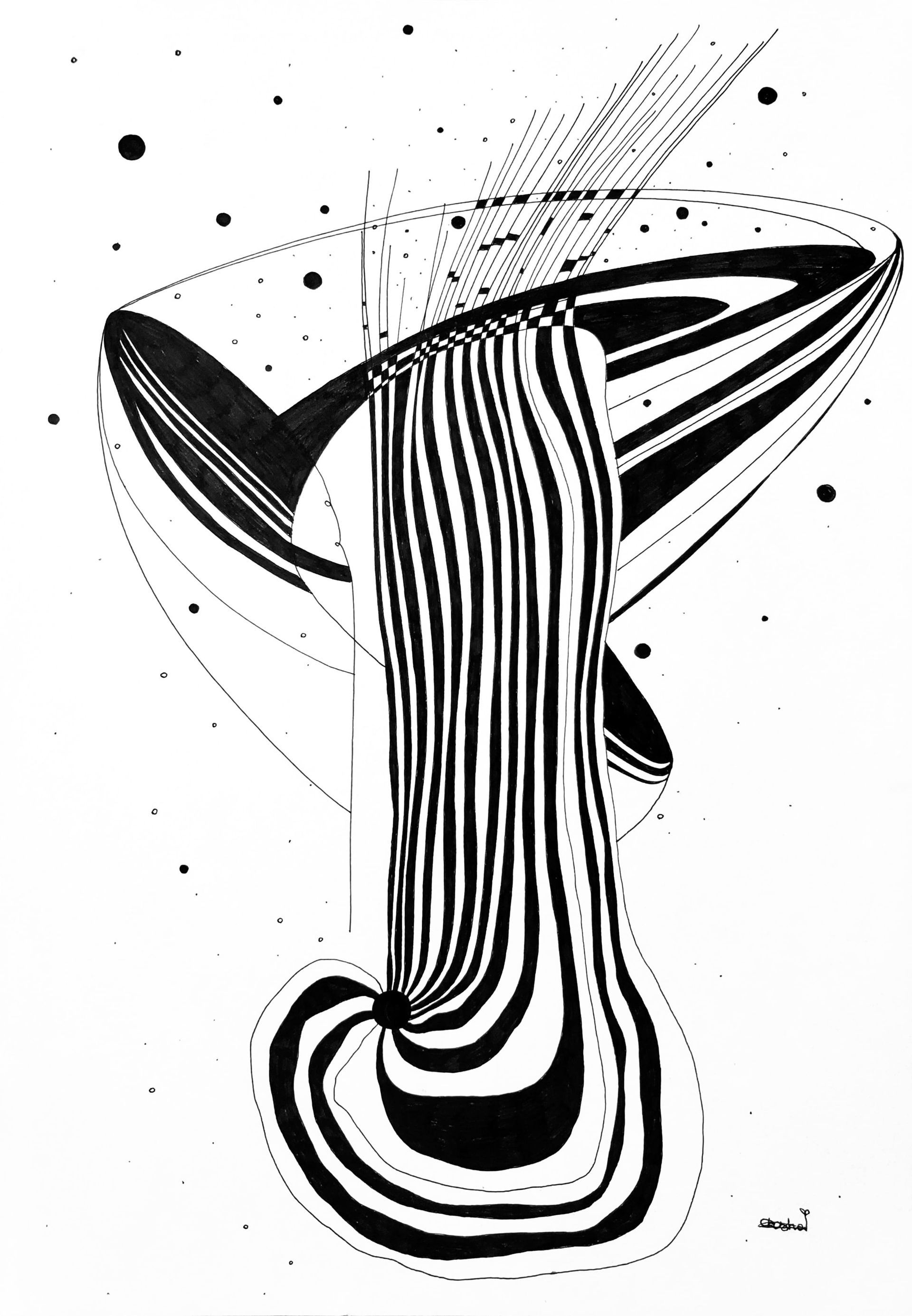 A black and white drawing of a whale with a long tail