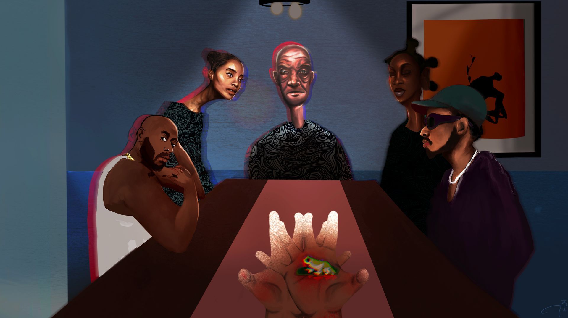 A group of people are sitting around a table with a crown on it