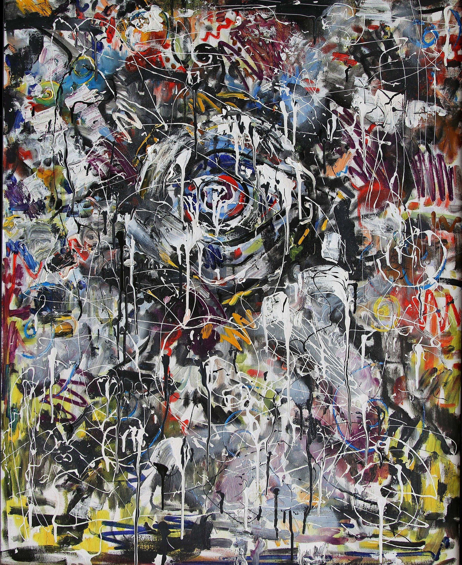 A colorful painting with a circle in the middle