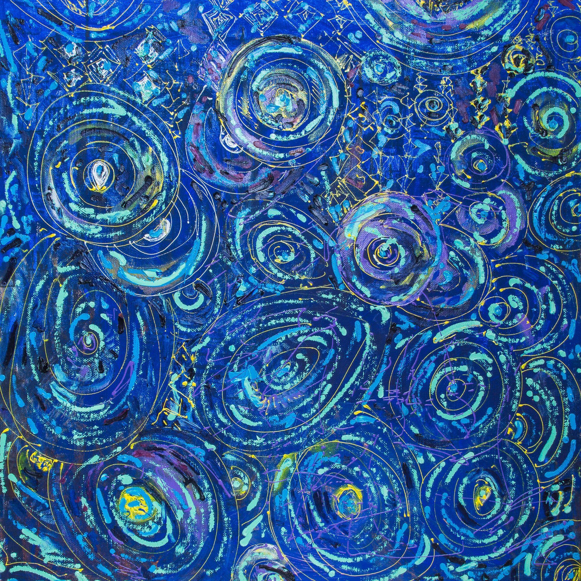 A blue and yellow painting with circles and swirls
