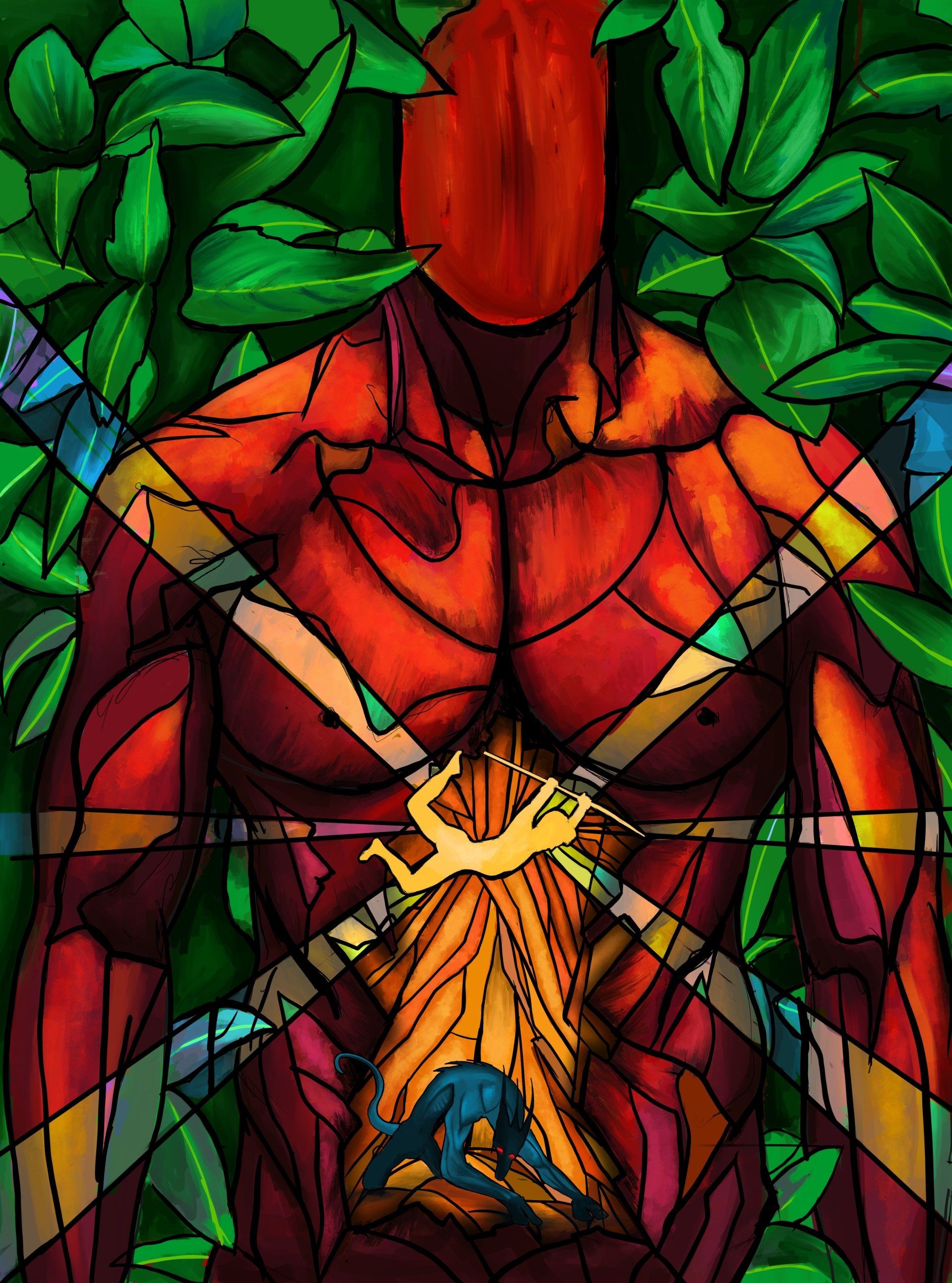 A stained glass painting of a man surrounded by leaves
