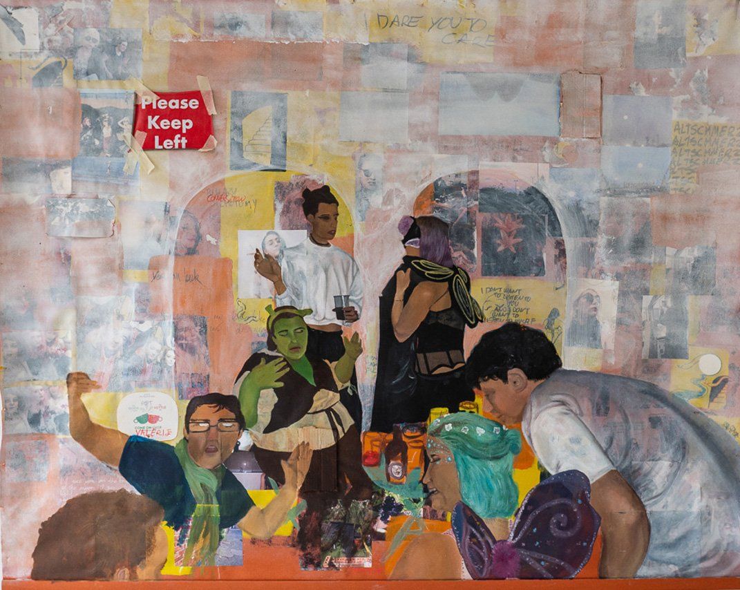 A painting of people with a sign that says please keep left