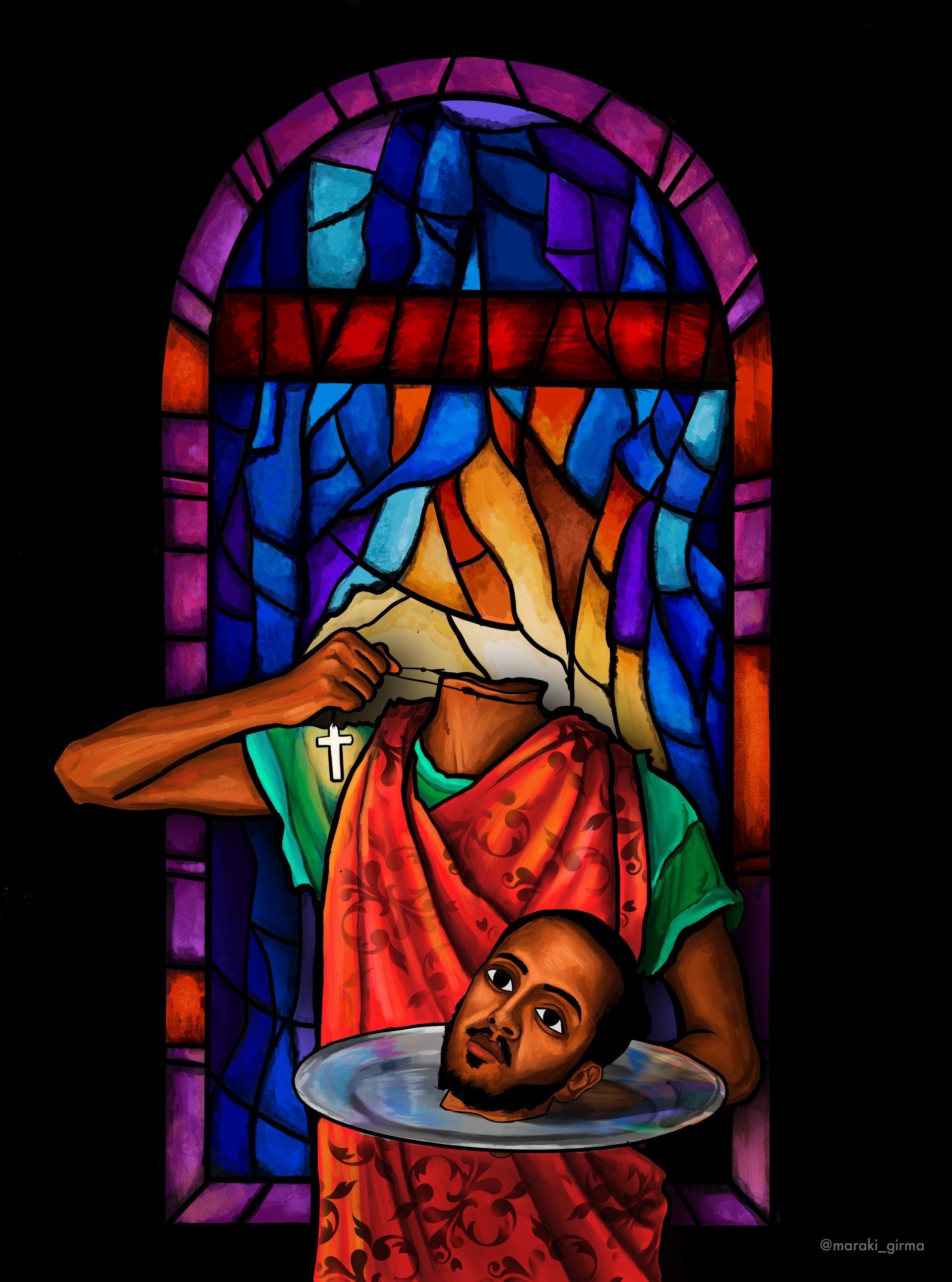 A stained glass window shows a man with his head in the water
