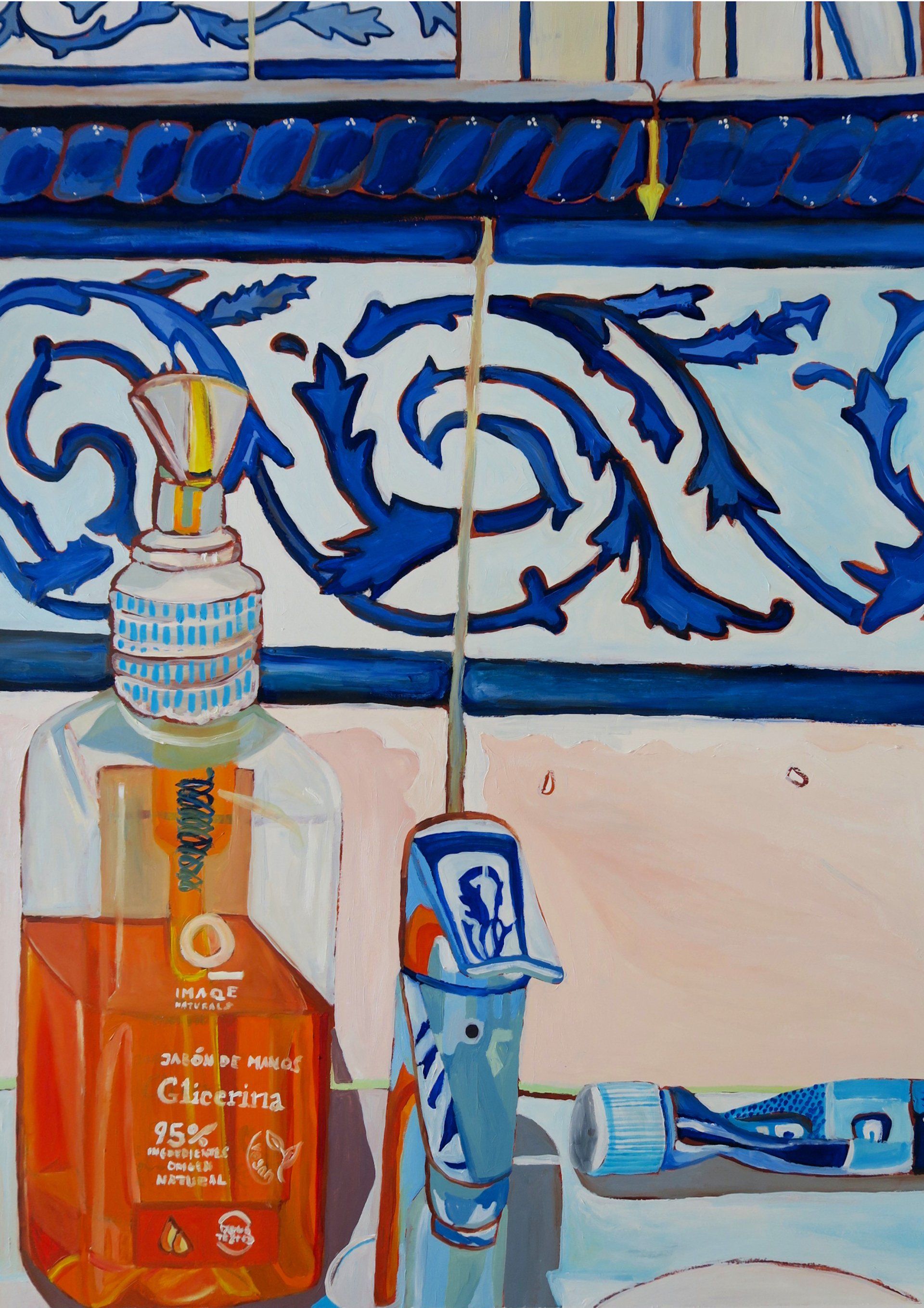 A painting of a bottle of clarins hand soap