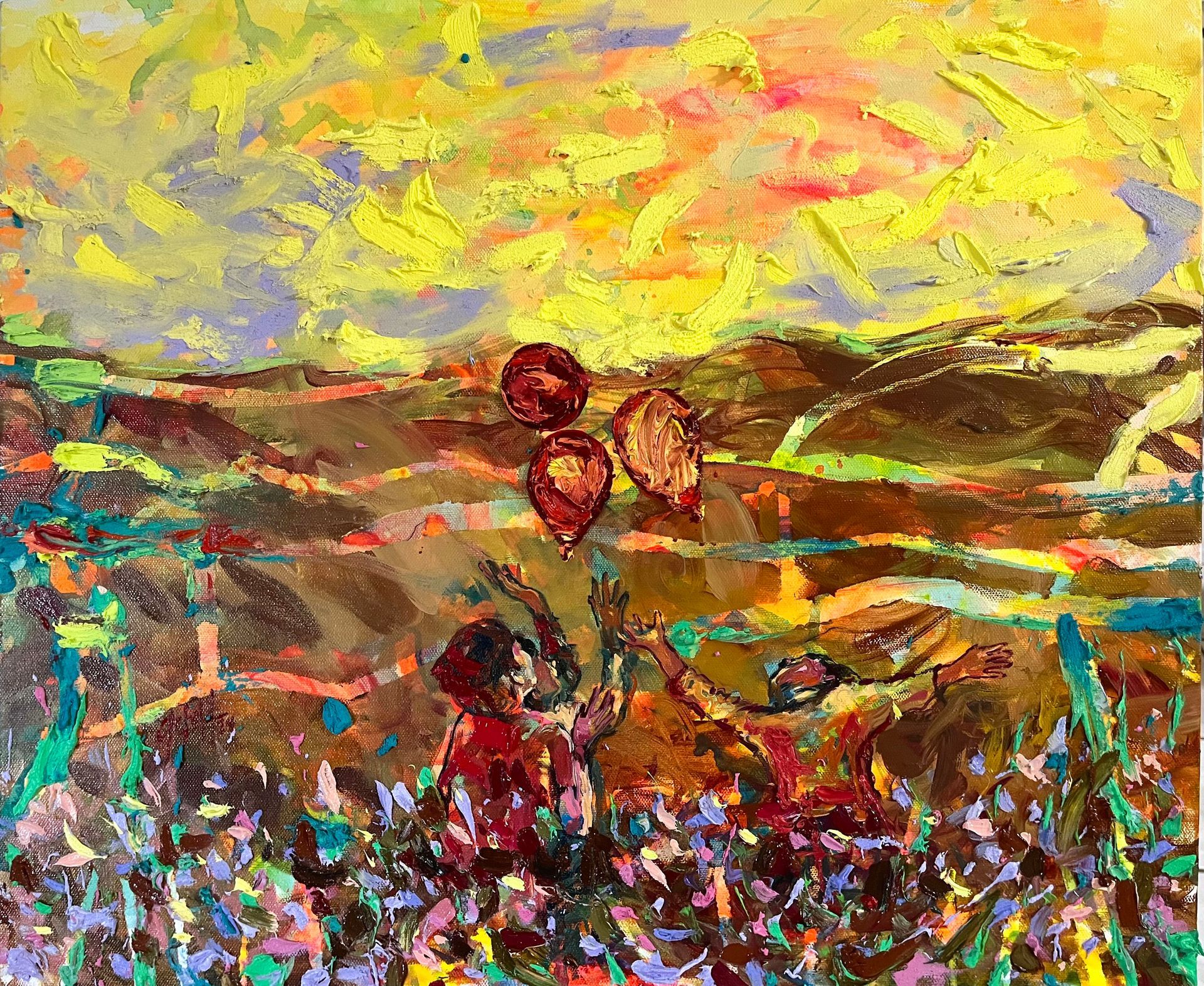 A colorful painting of two children playing in a field