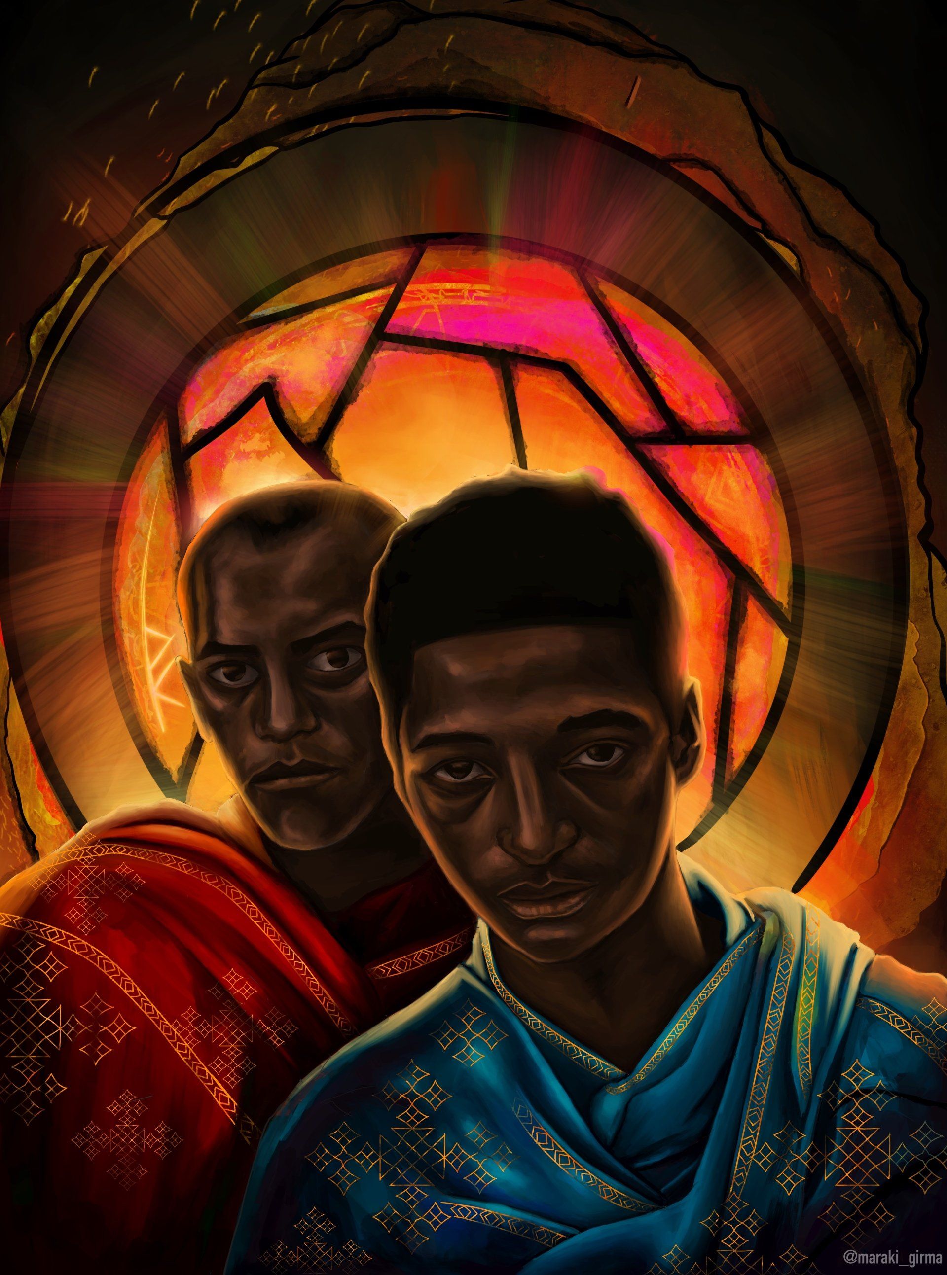 A painting of two men in front of a stained glass window