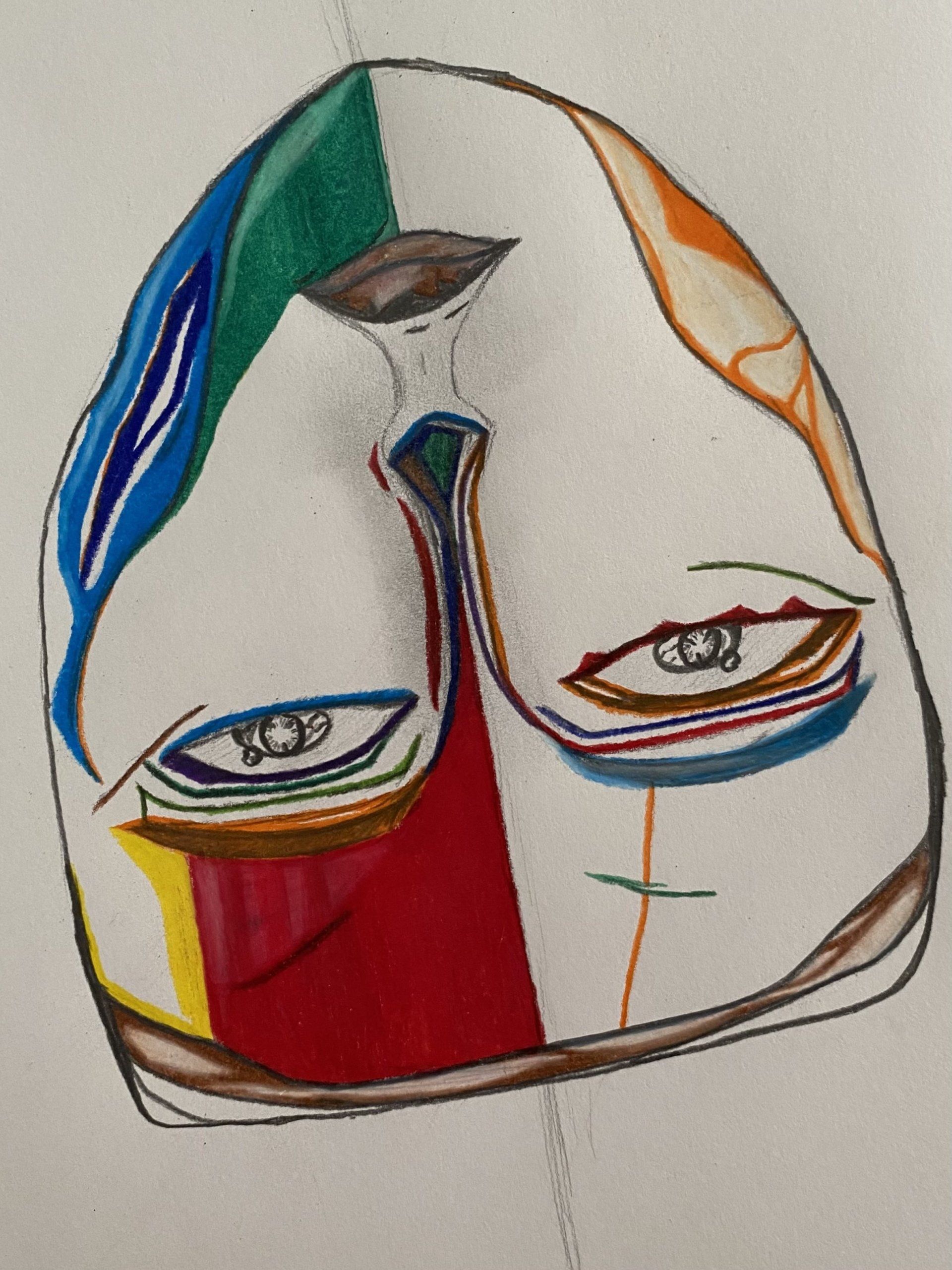 A drawing of a face with many different colors