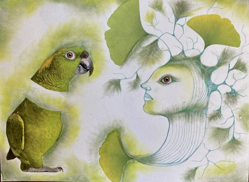 A painting of a parrot and a woman 's face