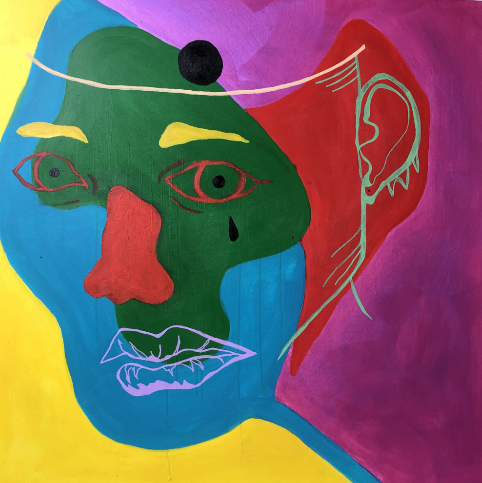 A colorful painting of a face with a red nose