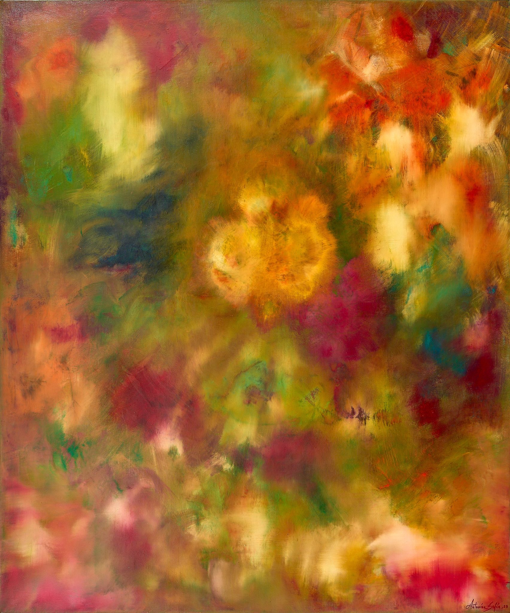 A colorful painting with a yellow flower in the middle