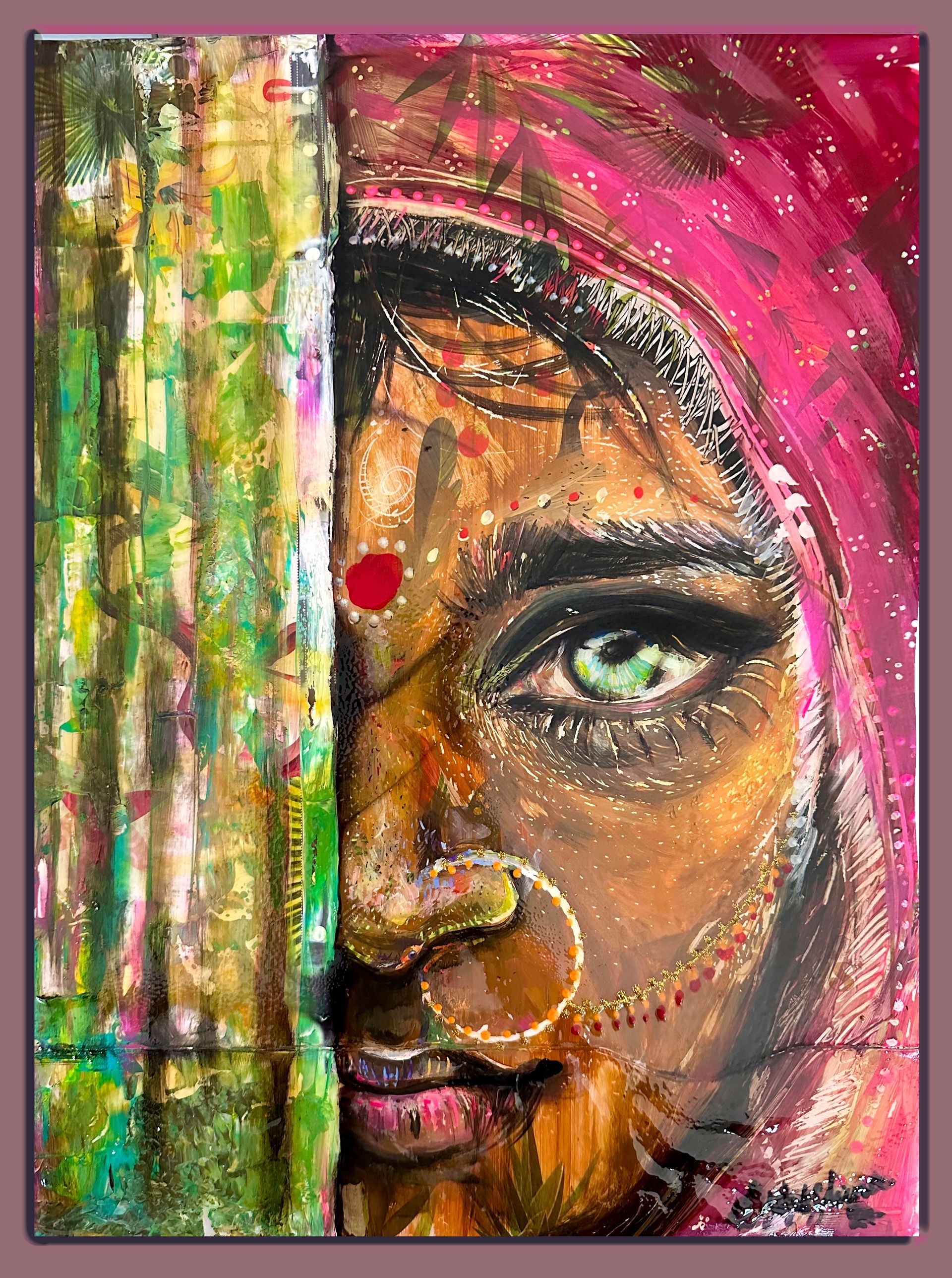 A painting of a woman with a red dot on her nose