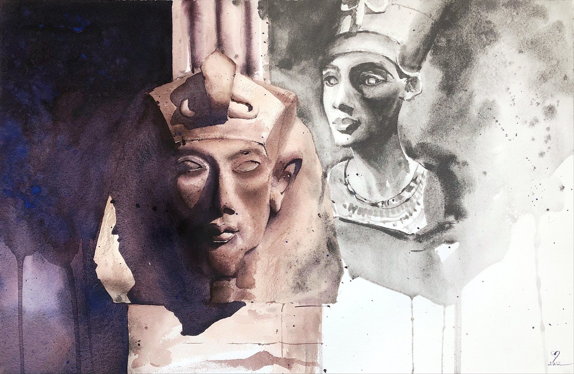 A painting of a statue of an ancient egyptian king