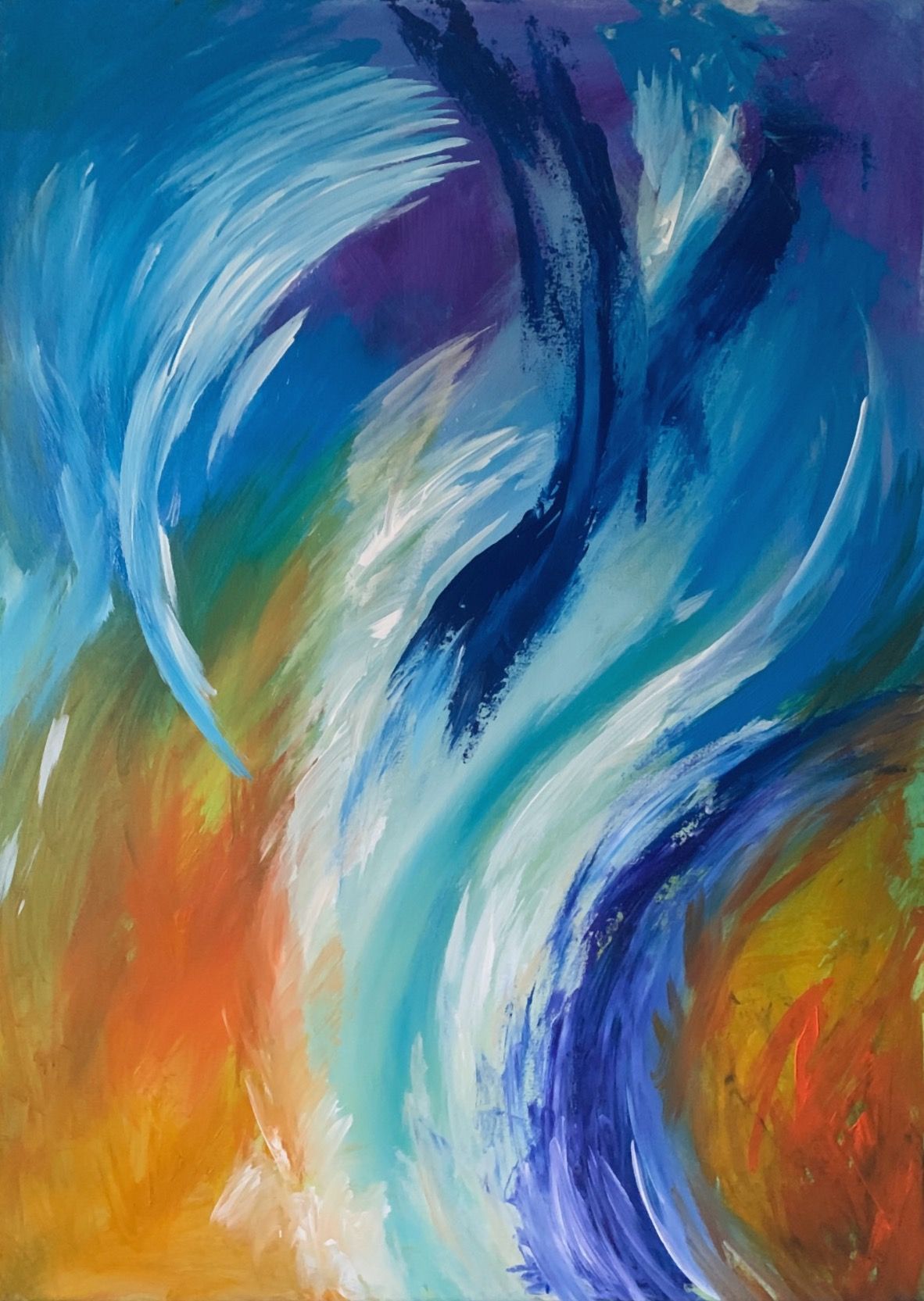 A painting of a swirling blue and white wave