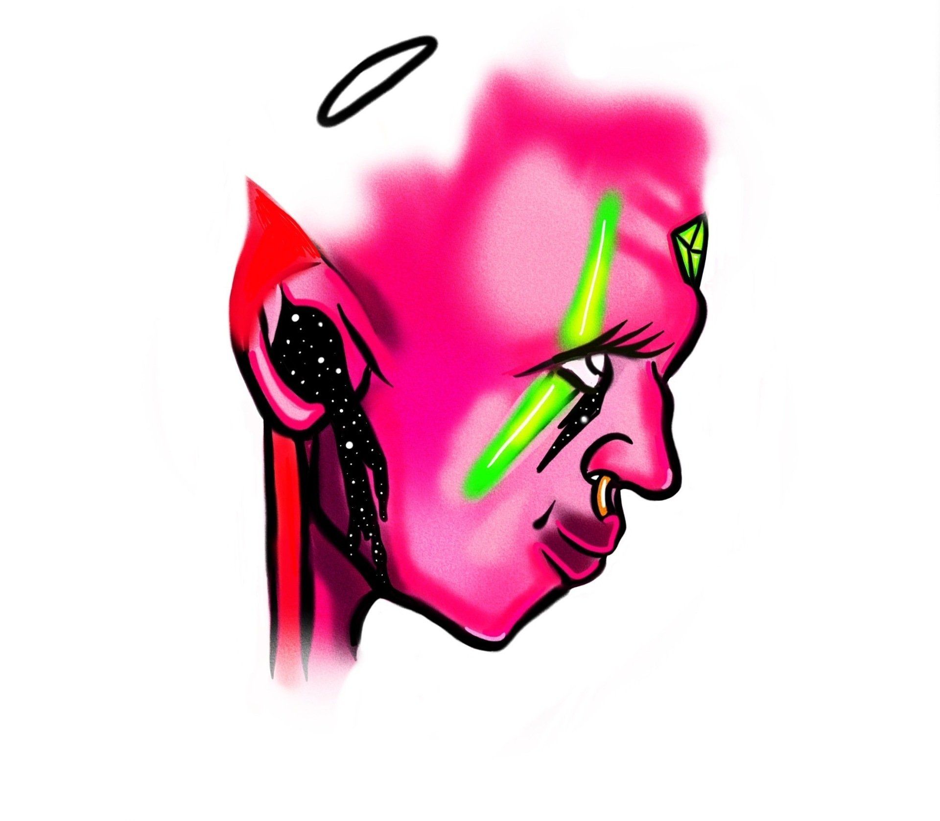 A drawing of a devil with a green eye