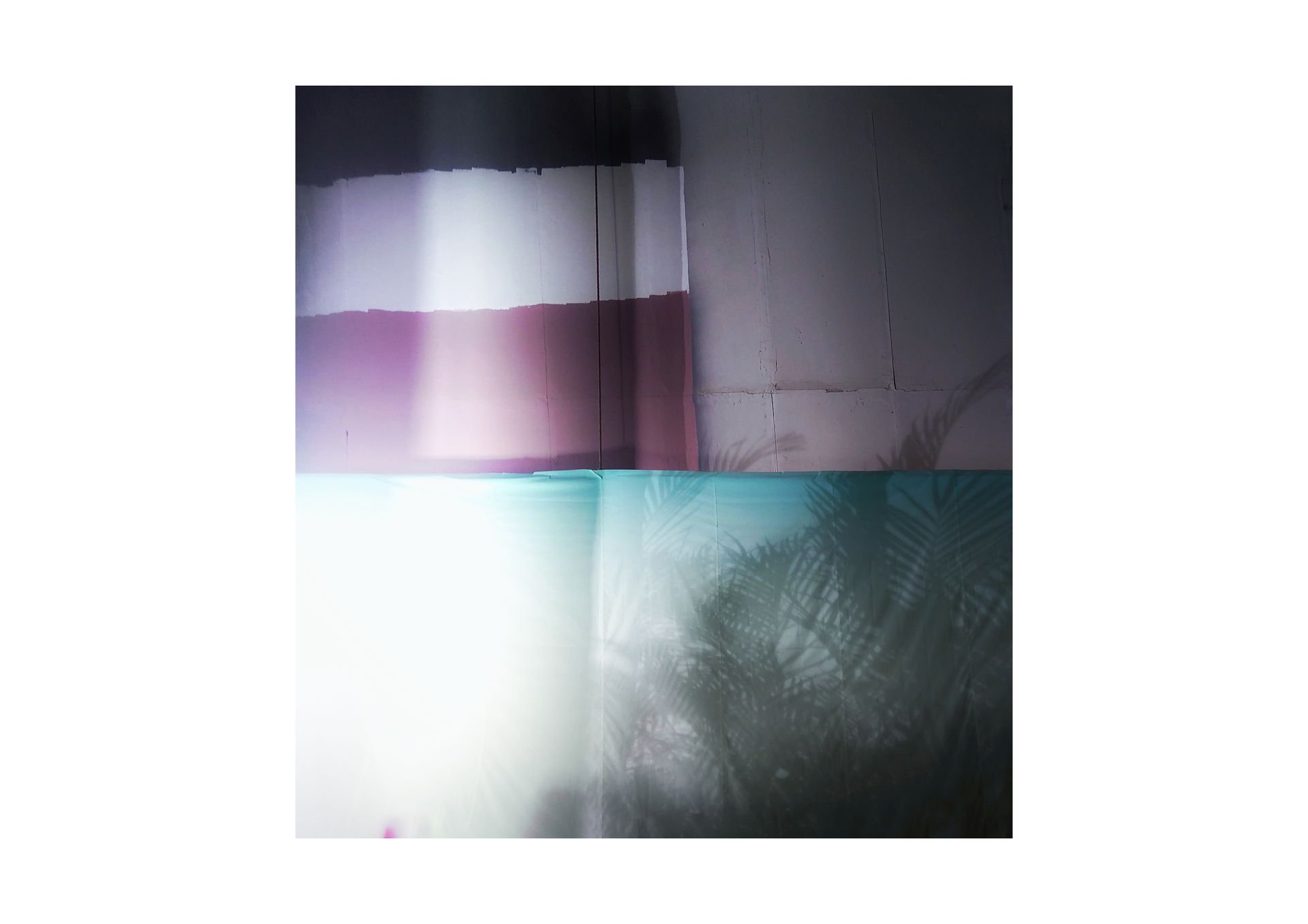 A painting of a purple , white , and blue wall with a reflection of a body of water.