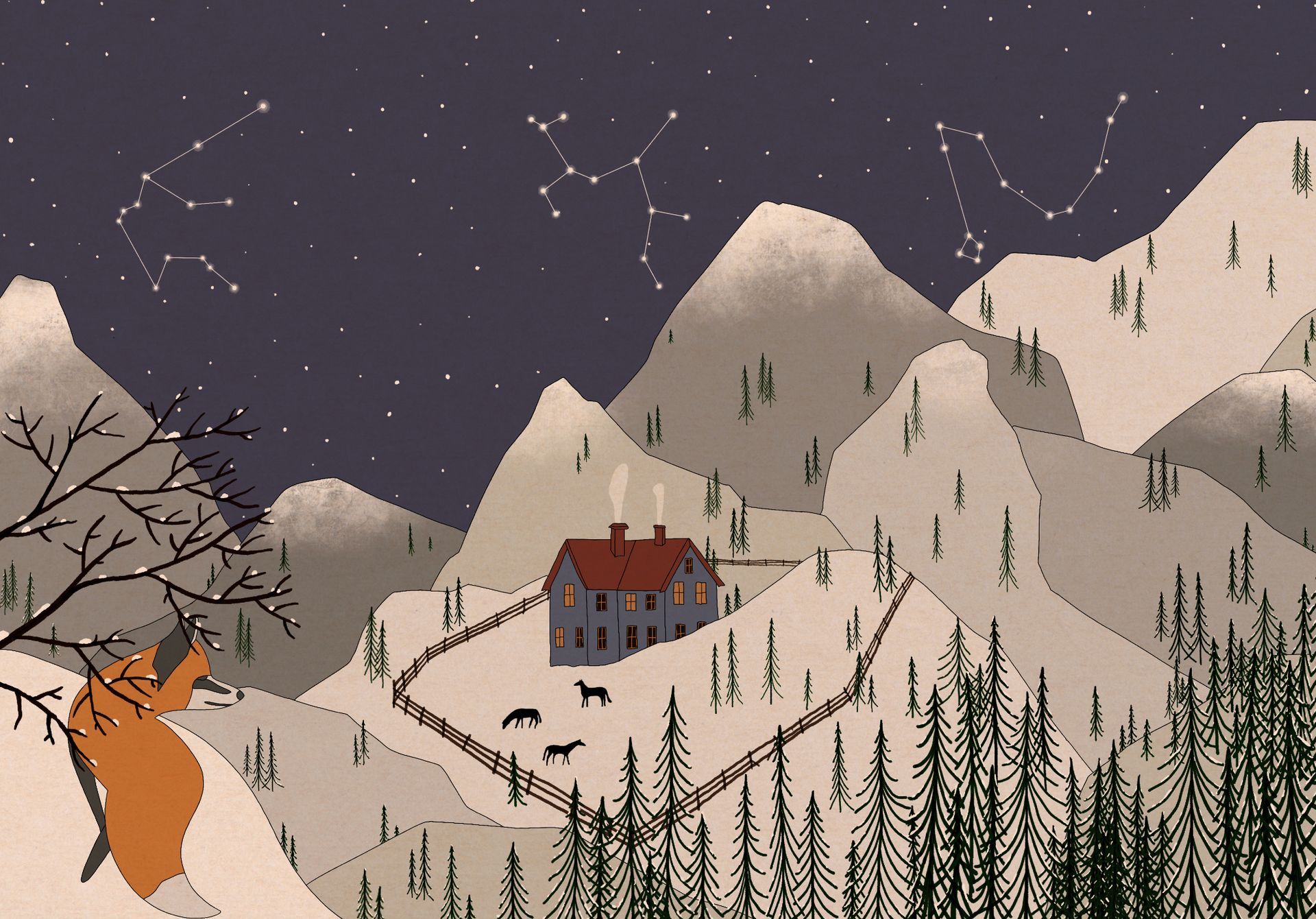 A pixel art of a house in the middle of a snowy forest