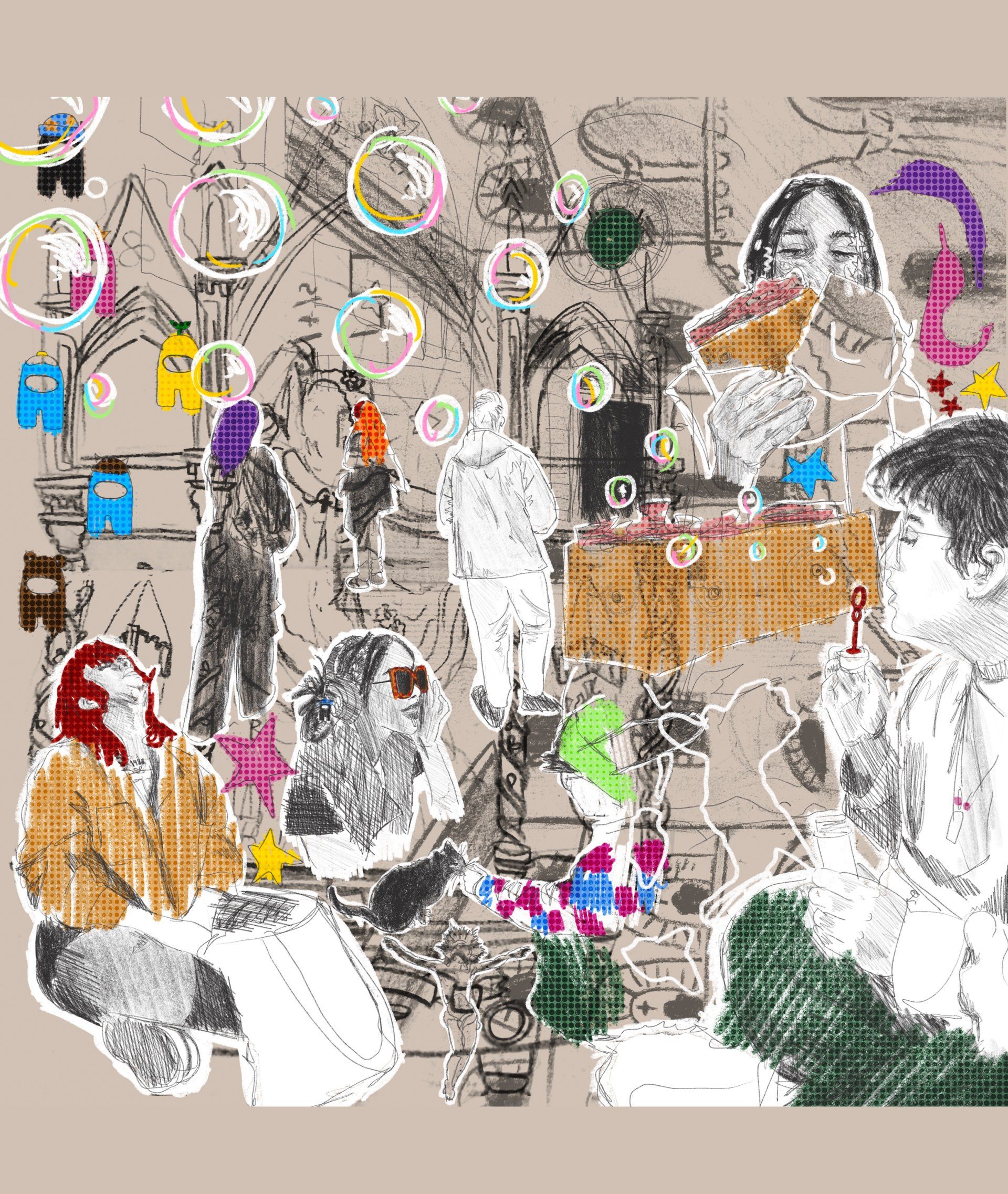 A drawing of people blowing soap bubbles in a room