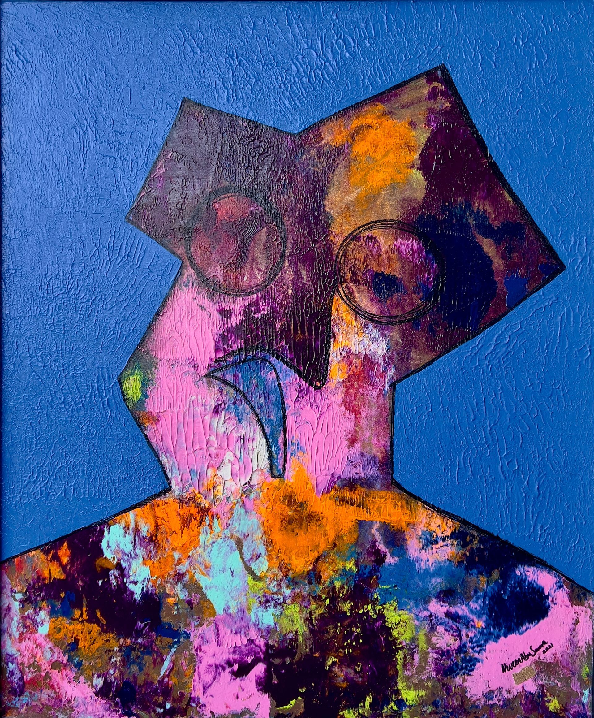 A colorful painting of a person with a blue background