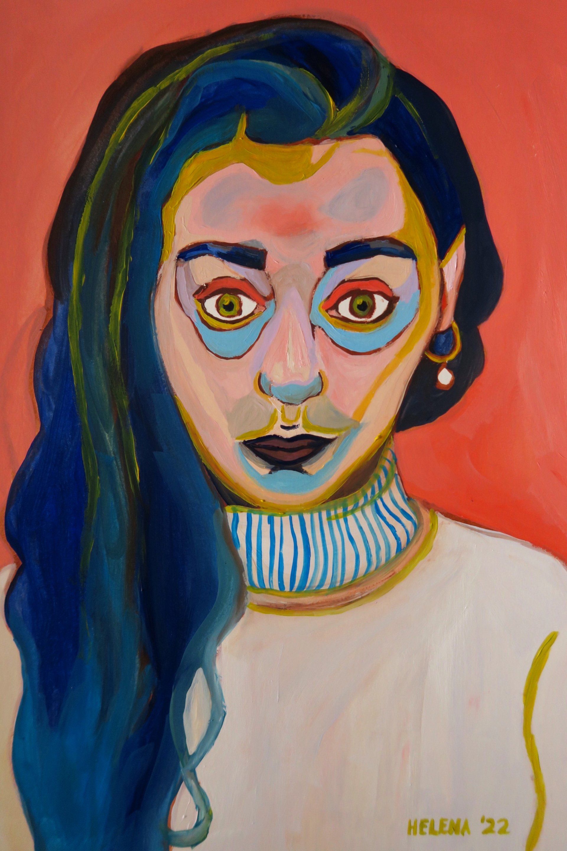 A painting of a woman with blue hair and helena 22 written on the bottom