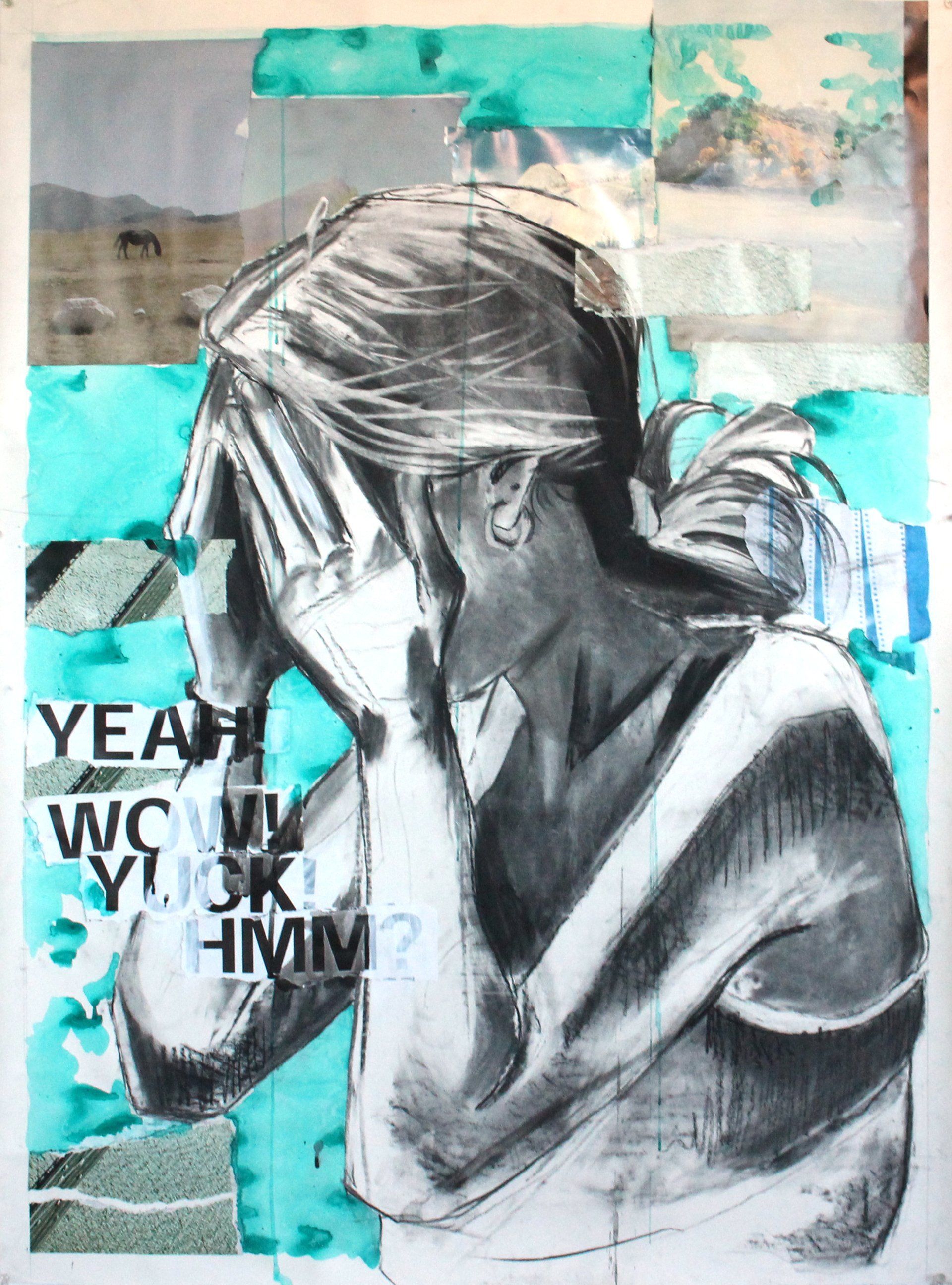 A black and white painting of a woman covering her face with her hands