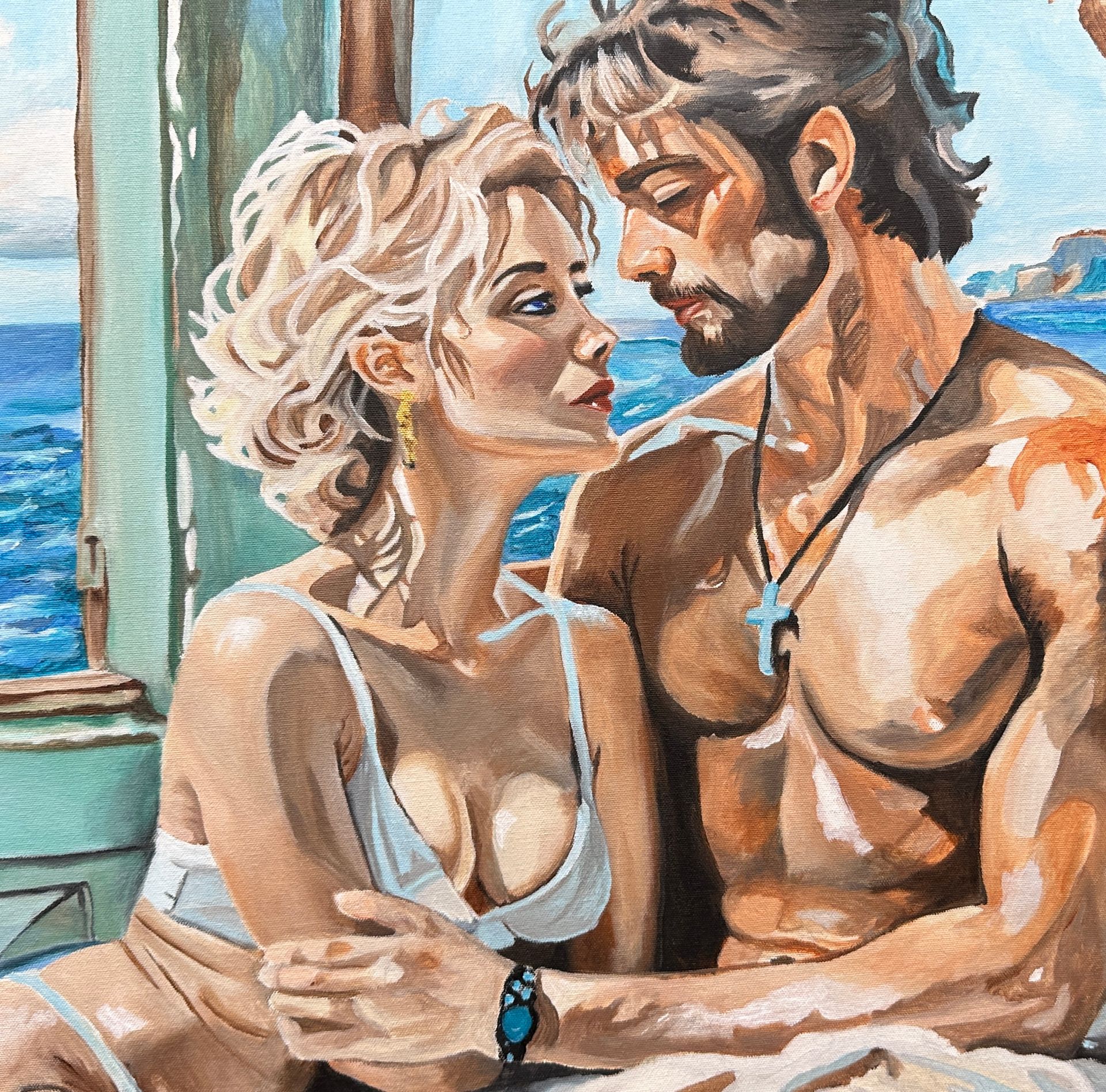 A painting of a man and woman looking at each other