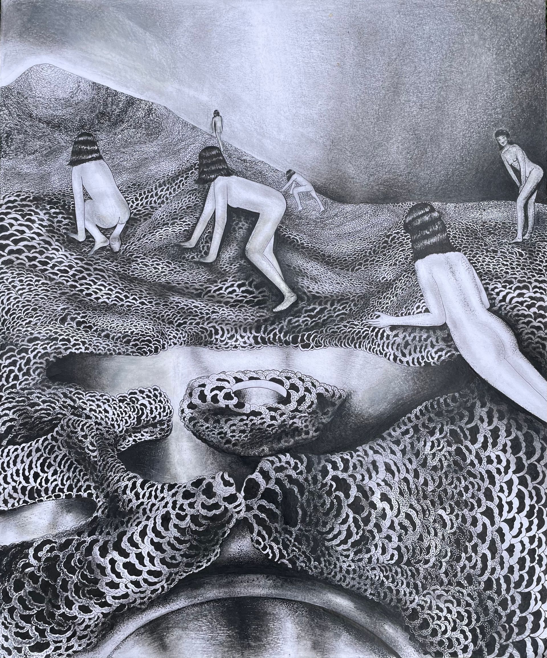 A black and white drawing of a woman 's face with a leopard print.