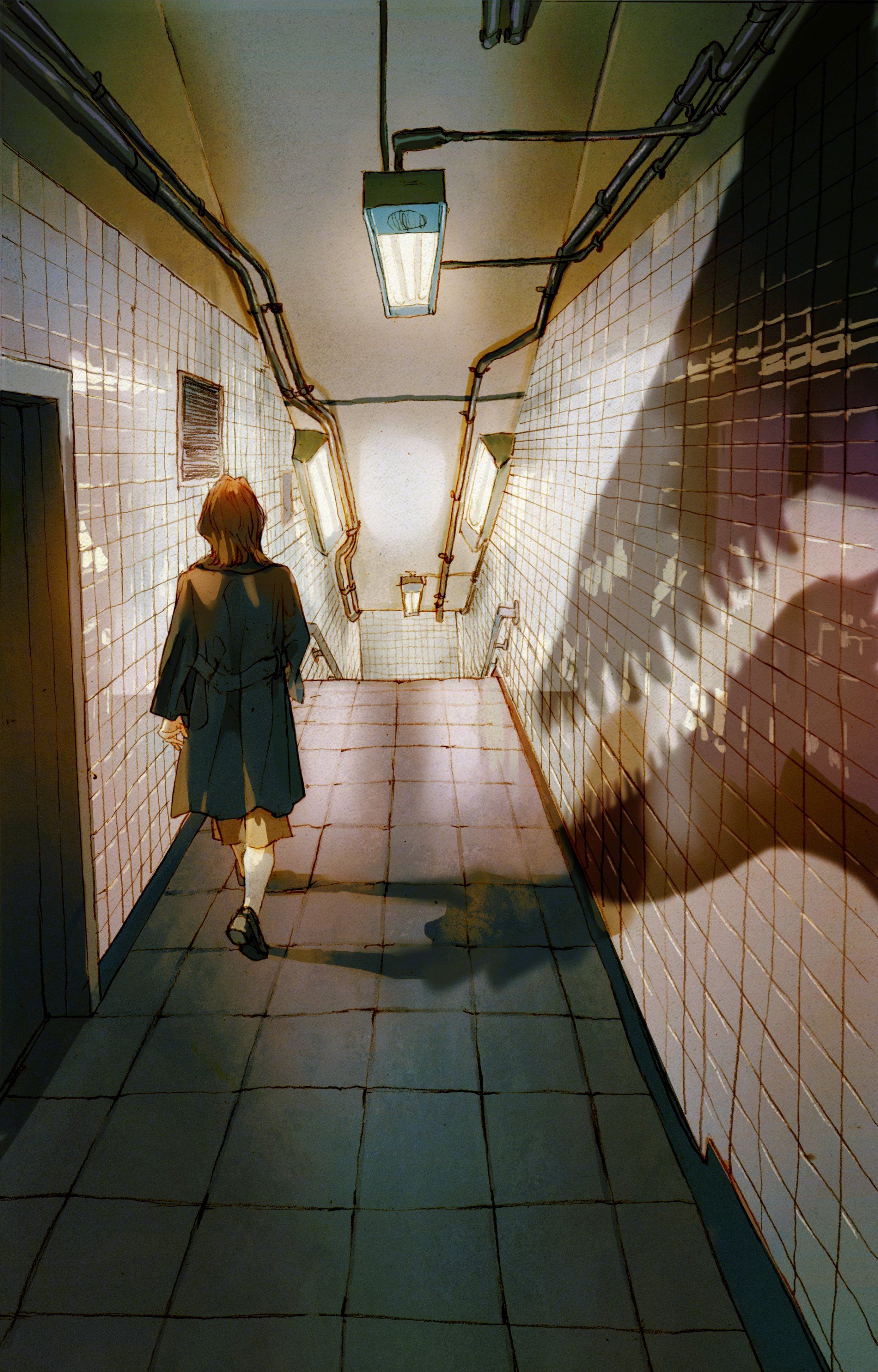 A woman in a blue coat is walking down a hallway