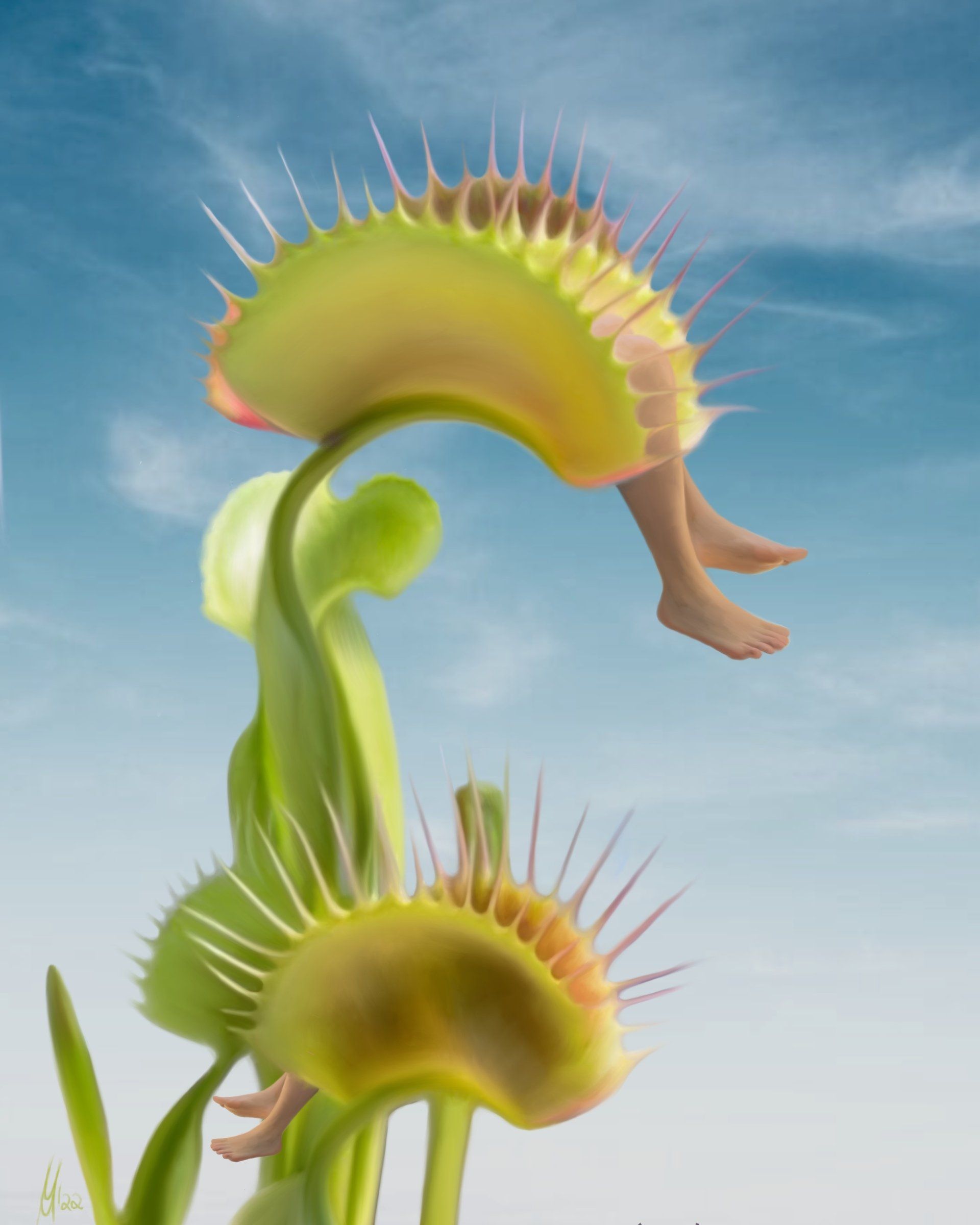 A carnivorous plant with a person 's feet sticking out of it