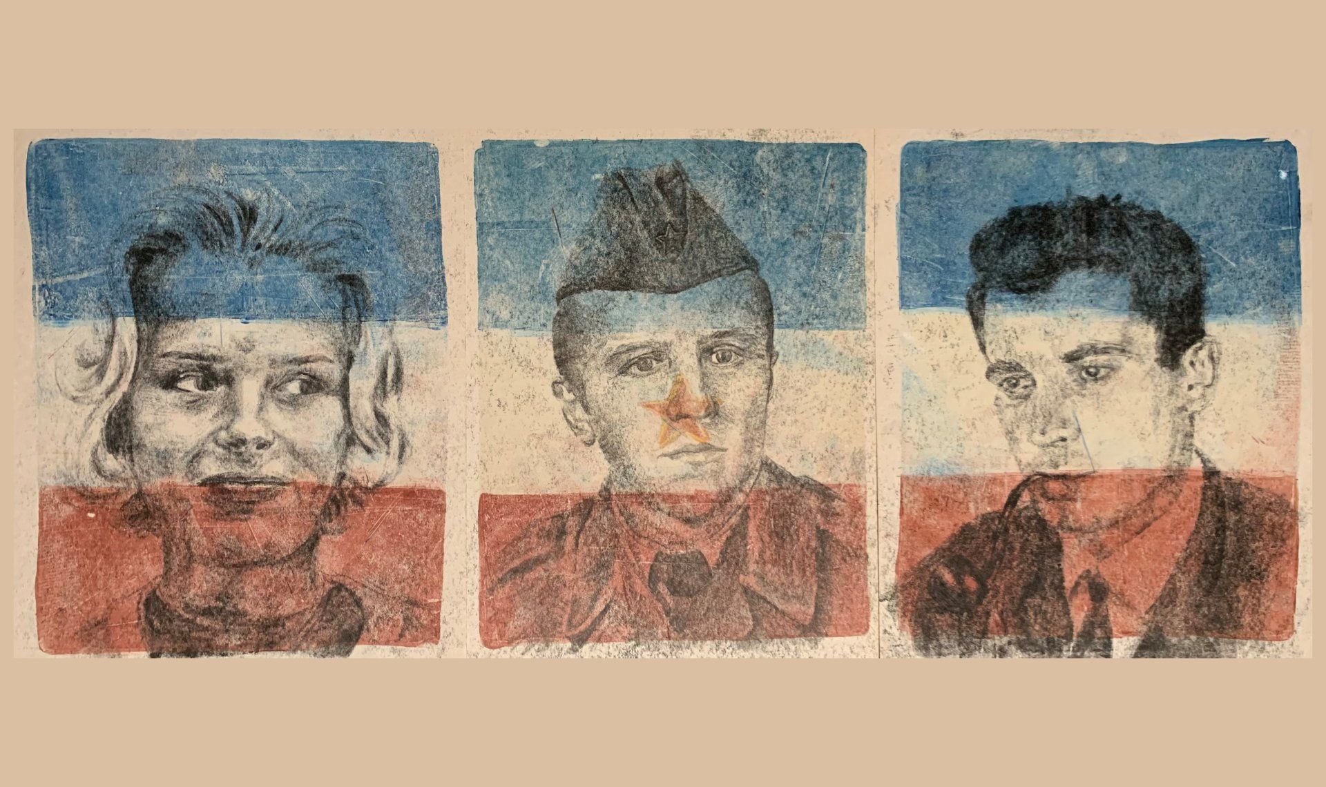 Three portraits of a man with a red white and blue background