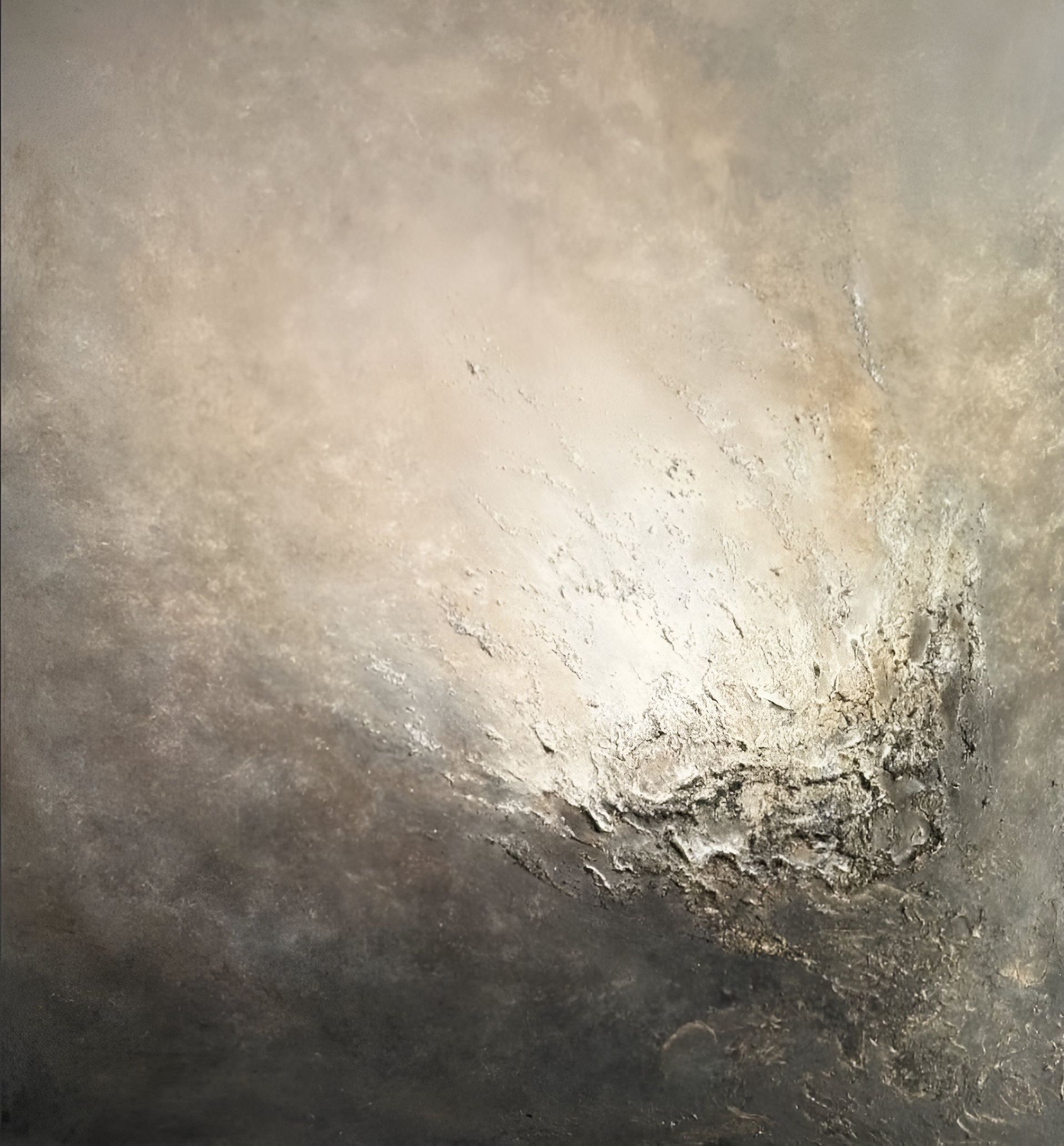 A painting of a cloudy sky with the sun shining through it