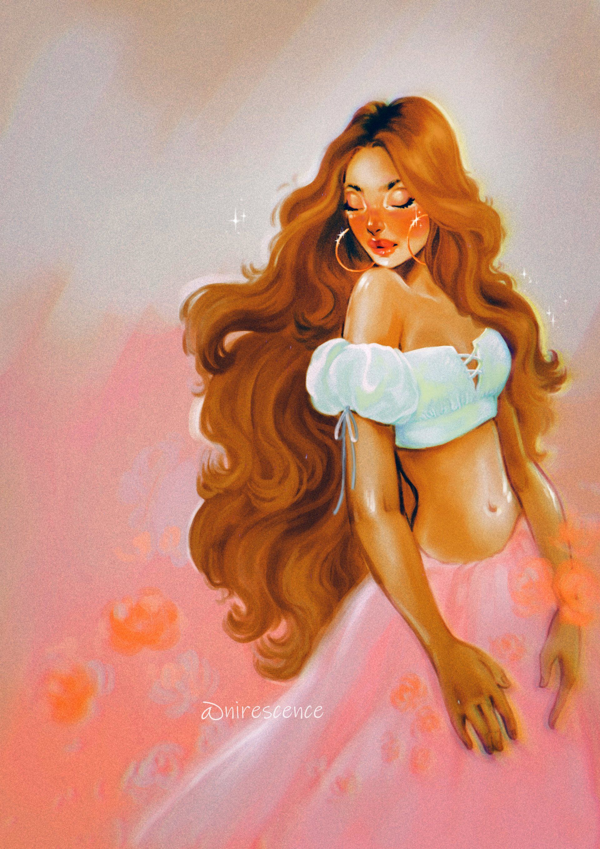 A painting of a woman with long hair and a white top