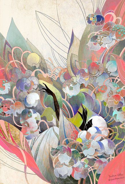 A painting of a bird surrounded by flowers and leaves