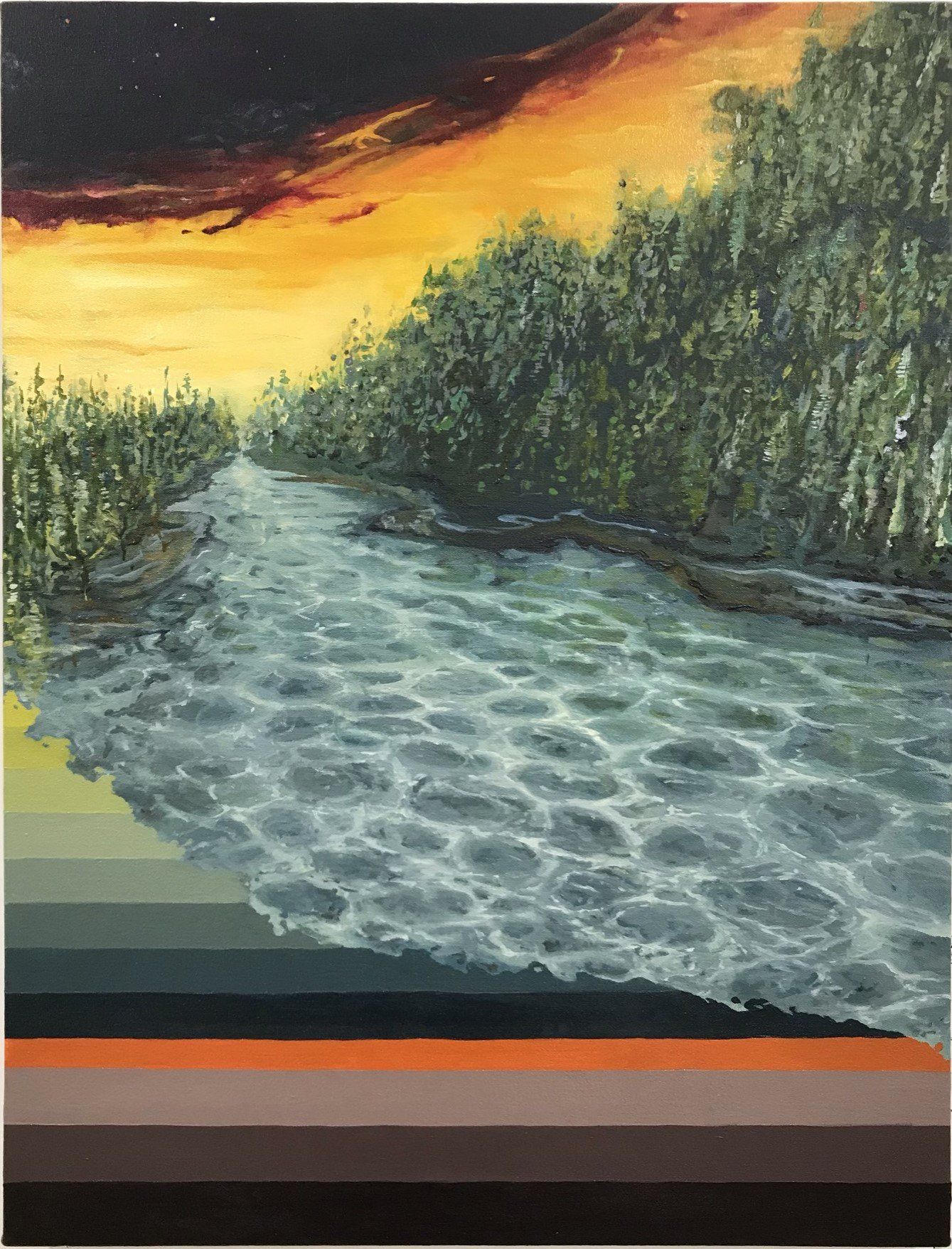 A painting of a river surrounded by trees at sunset