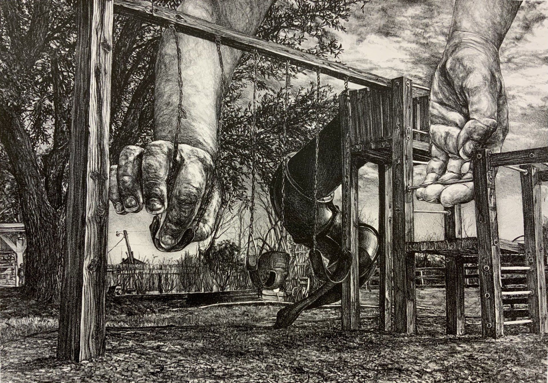 A black and white drawing of a person on a swing set.