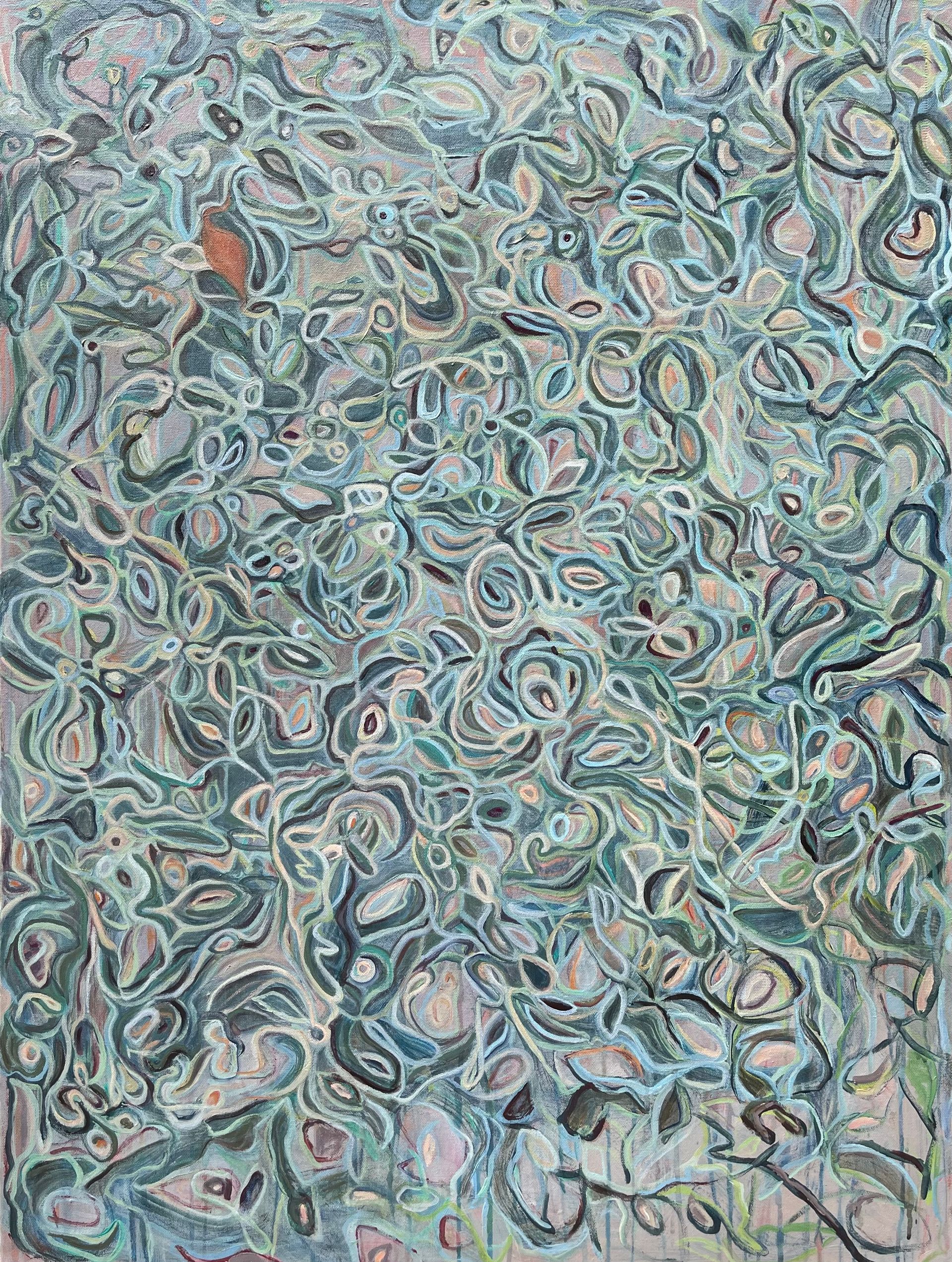 A close up of a painting of a swirling pattern on a wall.