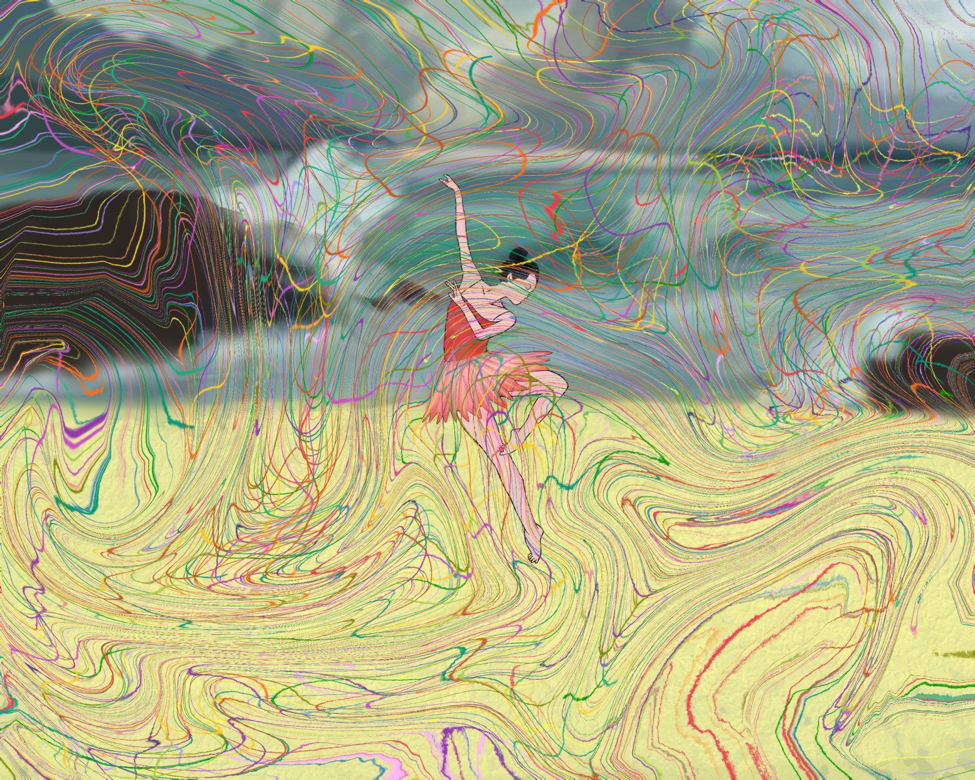 A painting of a woman in a pink dress dancing on a beach