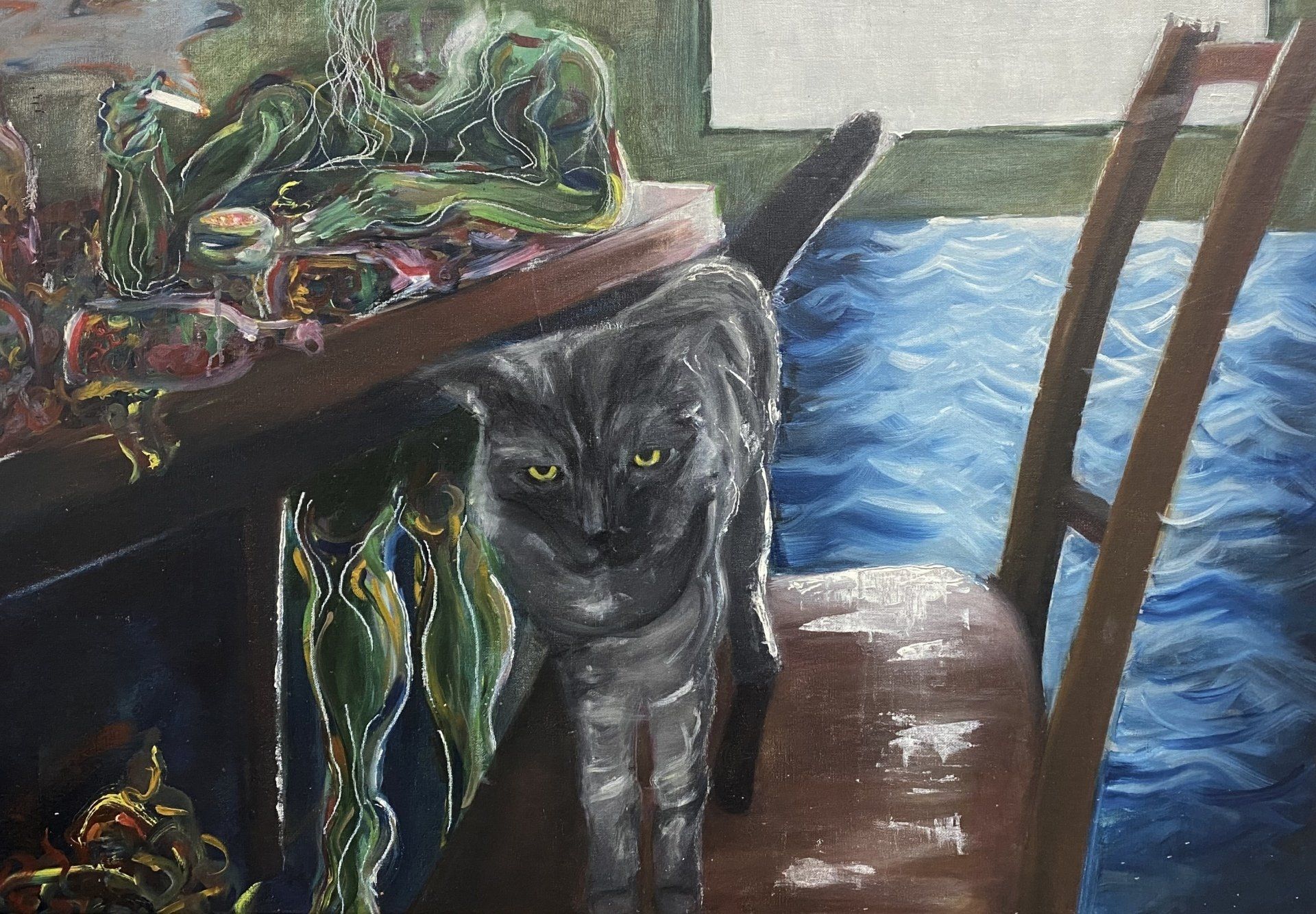 A painting of a cat sitting on a chair