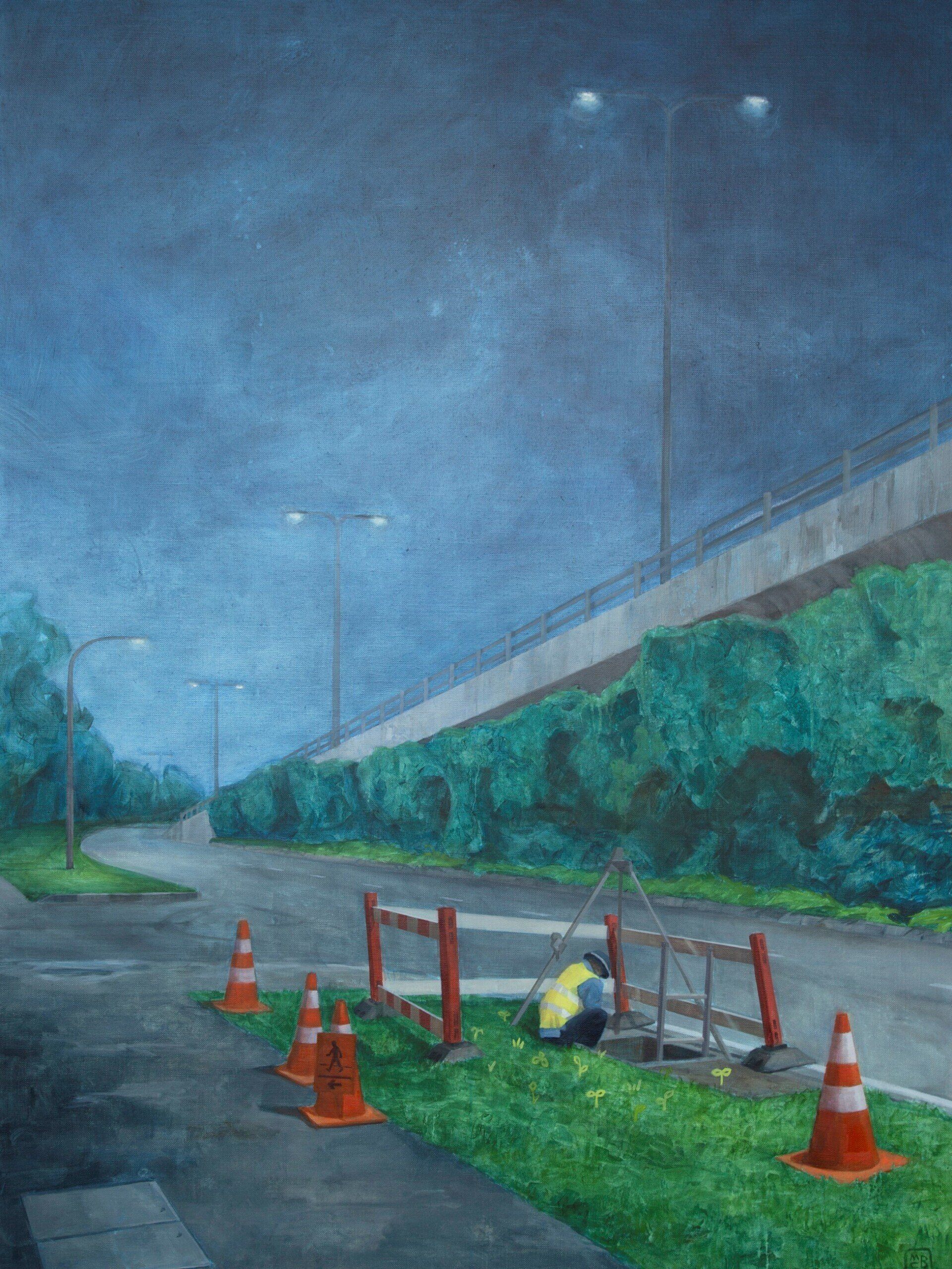 A painting of a road with a bridge in the background