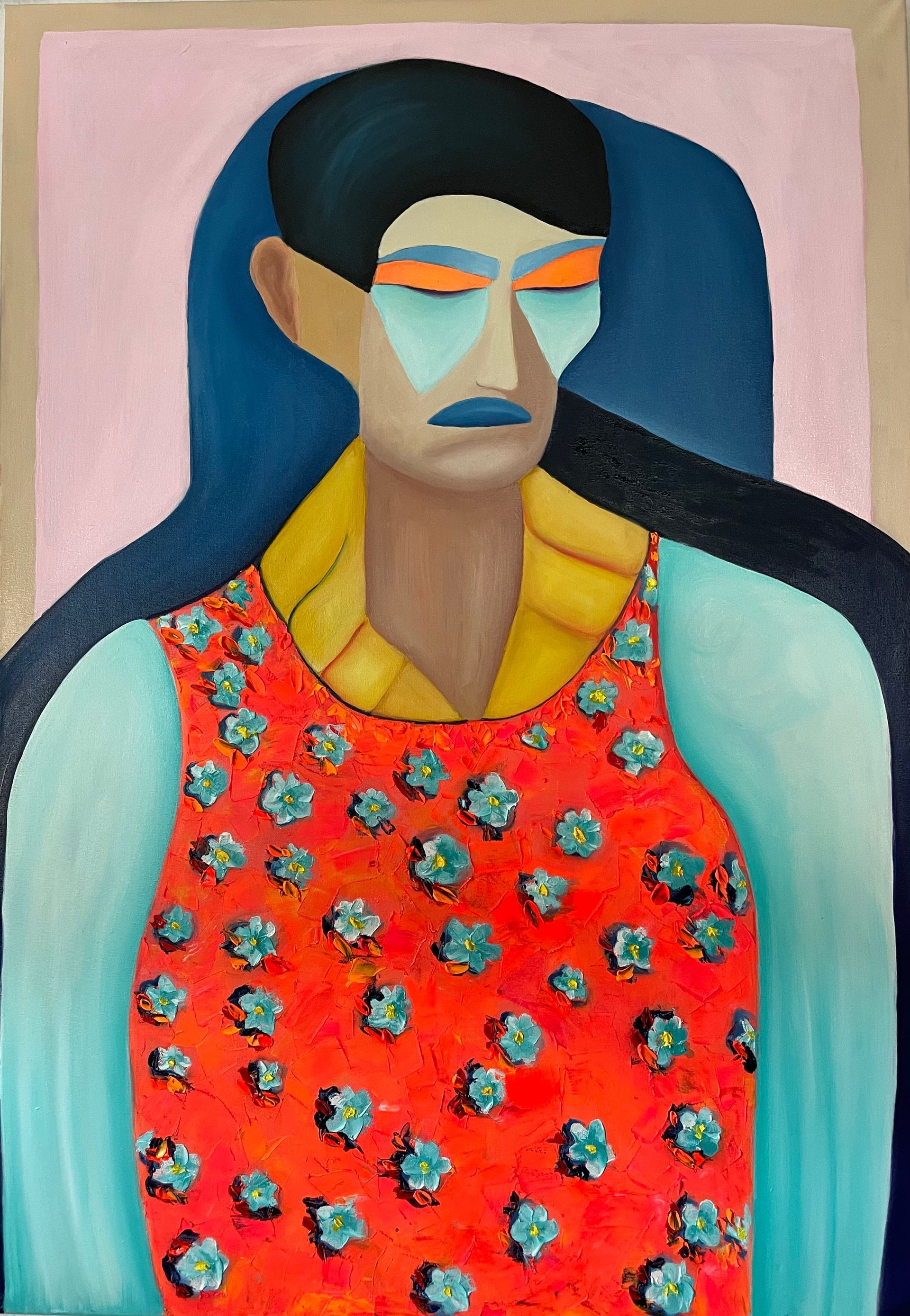 A painting of a man with flowers on his shirt