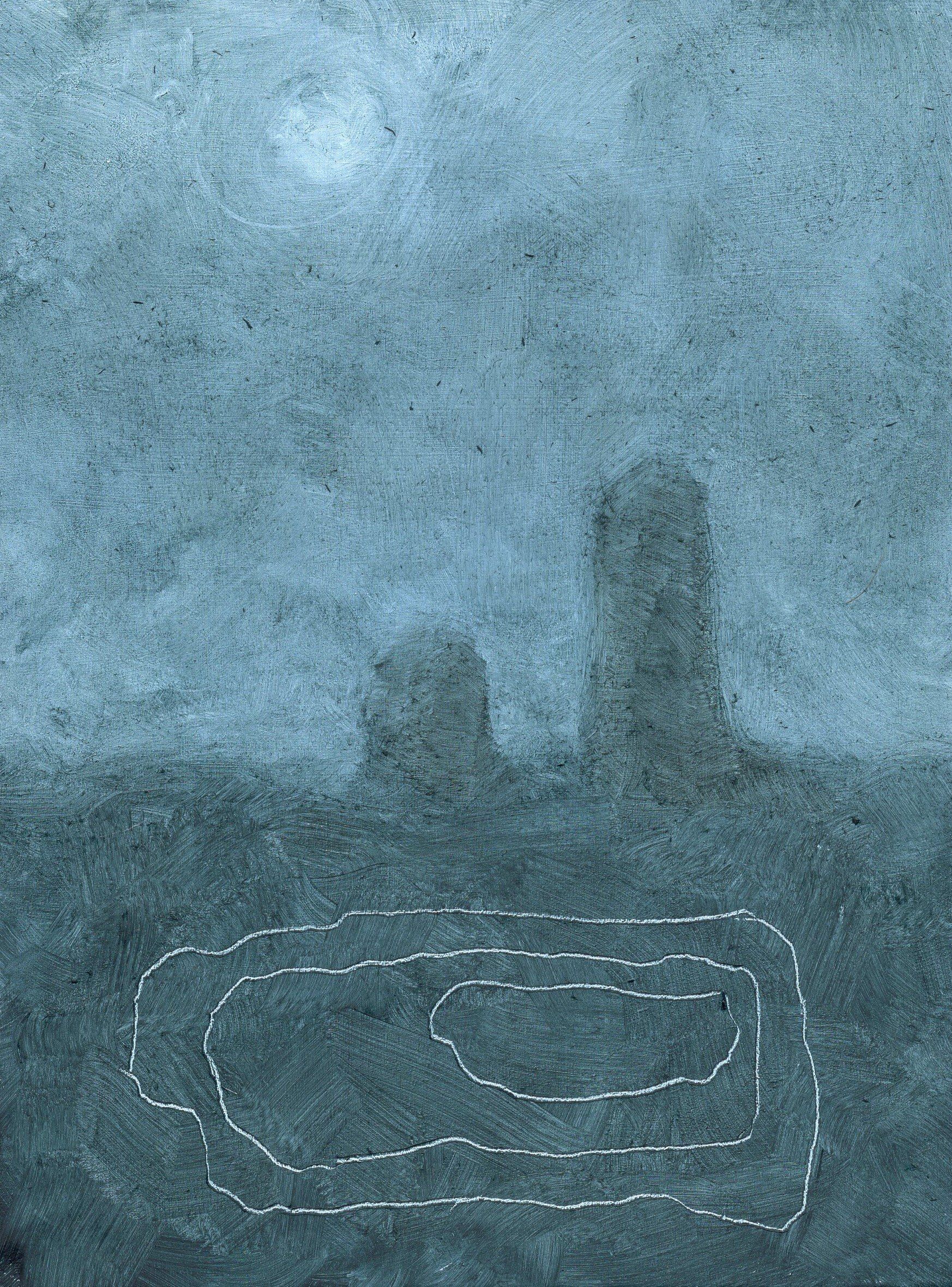 A drawing of a circle on the ground with a castle in the background.