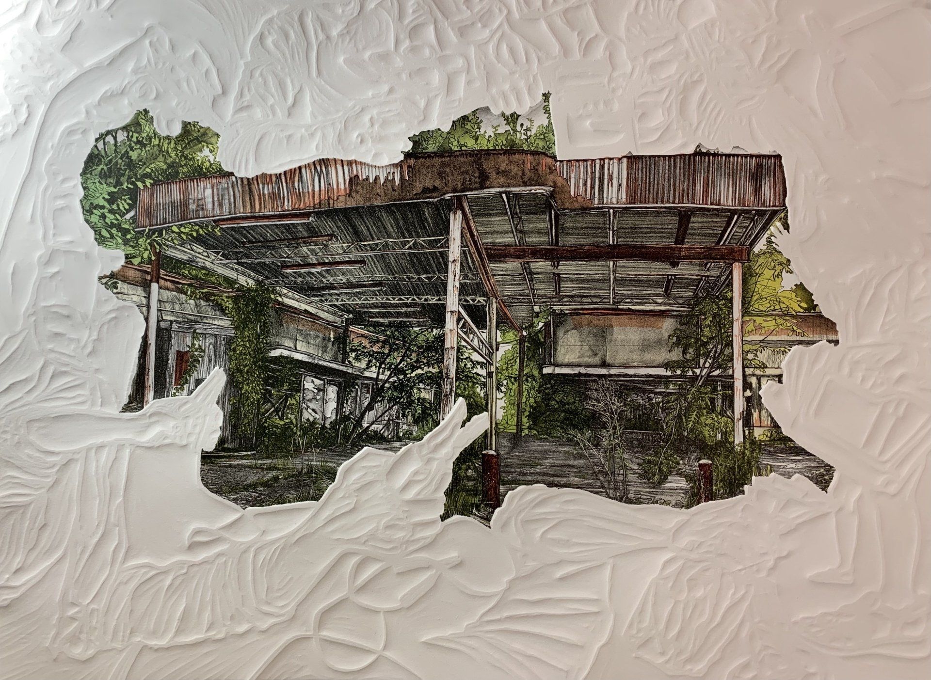 A painting of an old building with a roof that is covered in ivy
