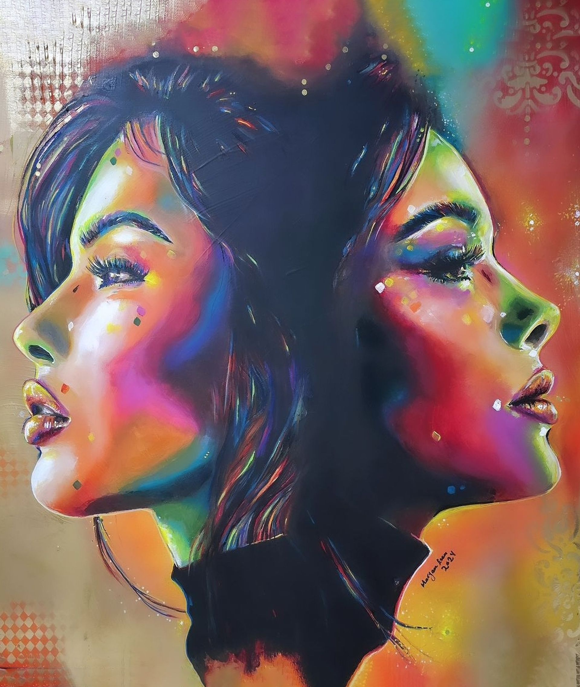 A colorful painting of two faces of a woman