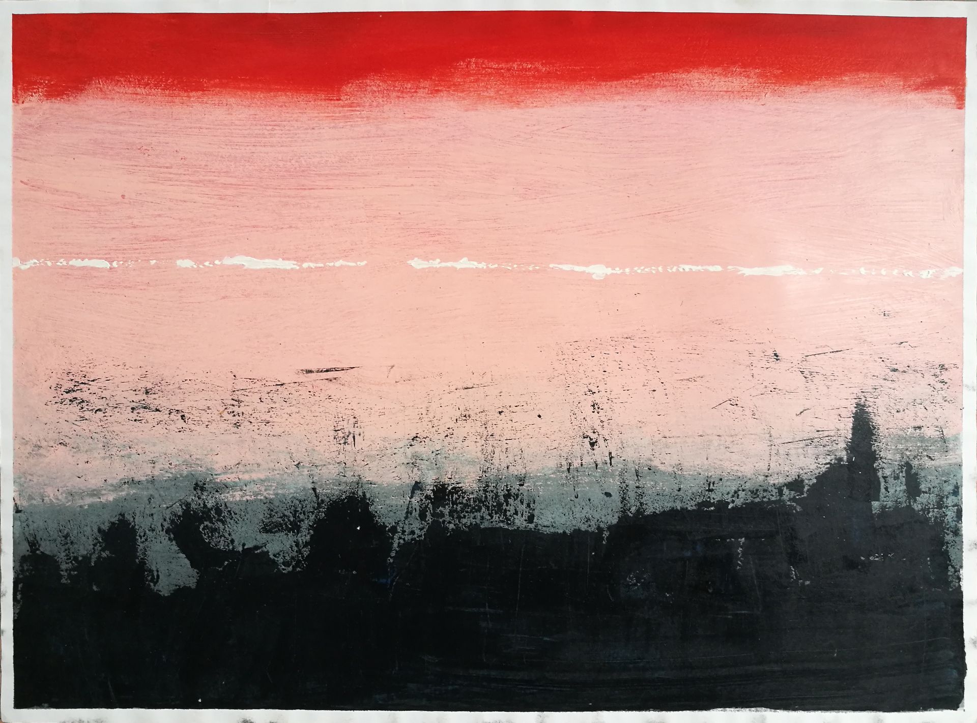 A painting of a red sky with trees in the foreground