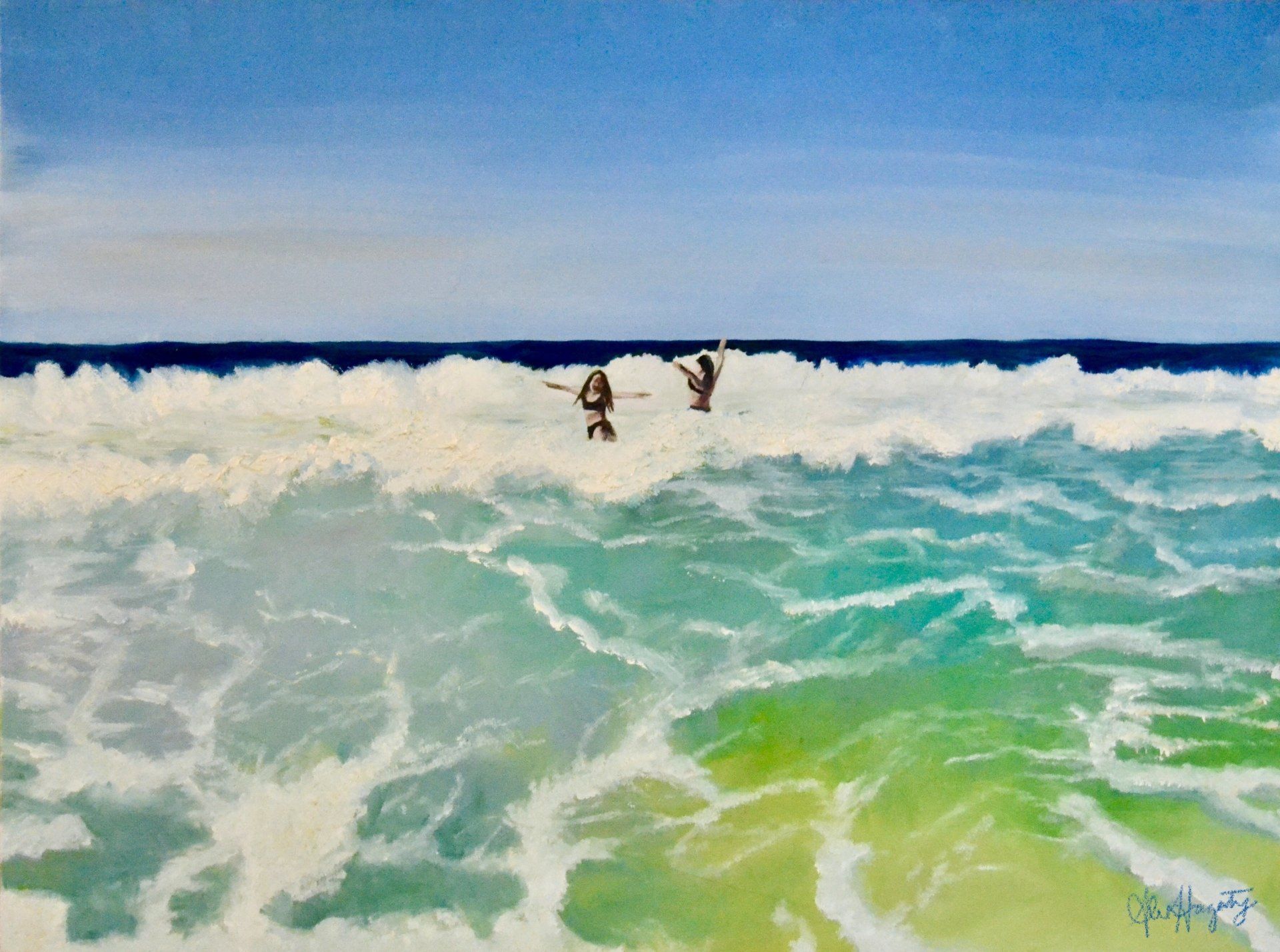 A painting of two people surfing in the ocean