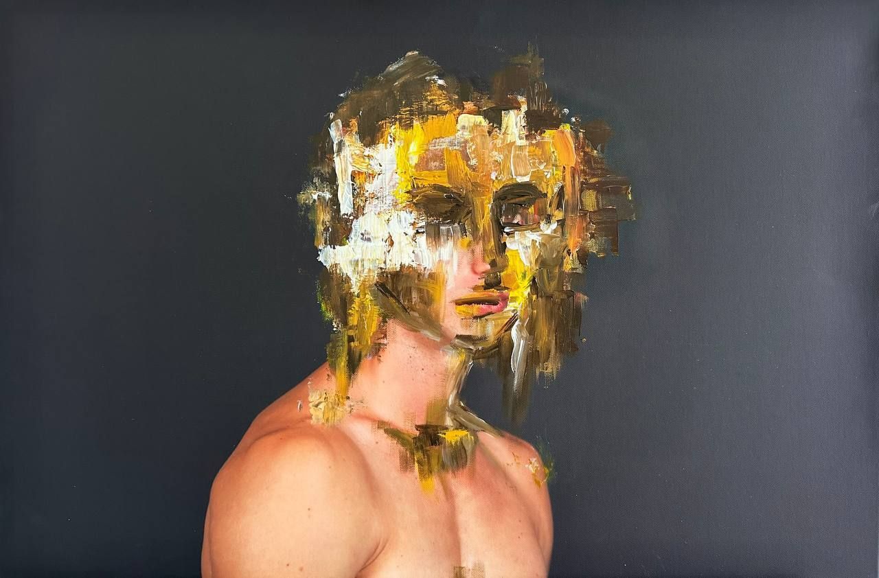 A painting of a shirtless man with a yellow face
