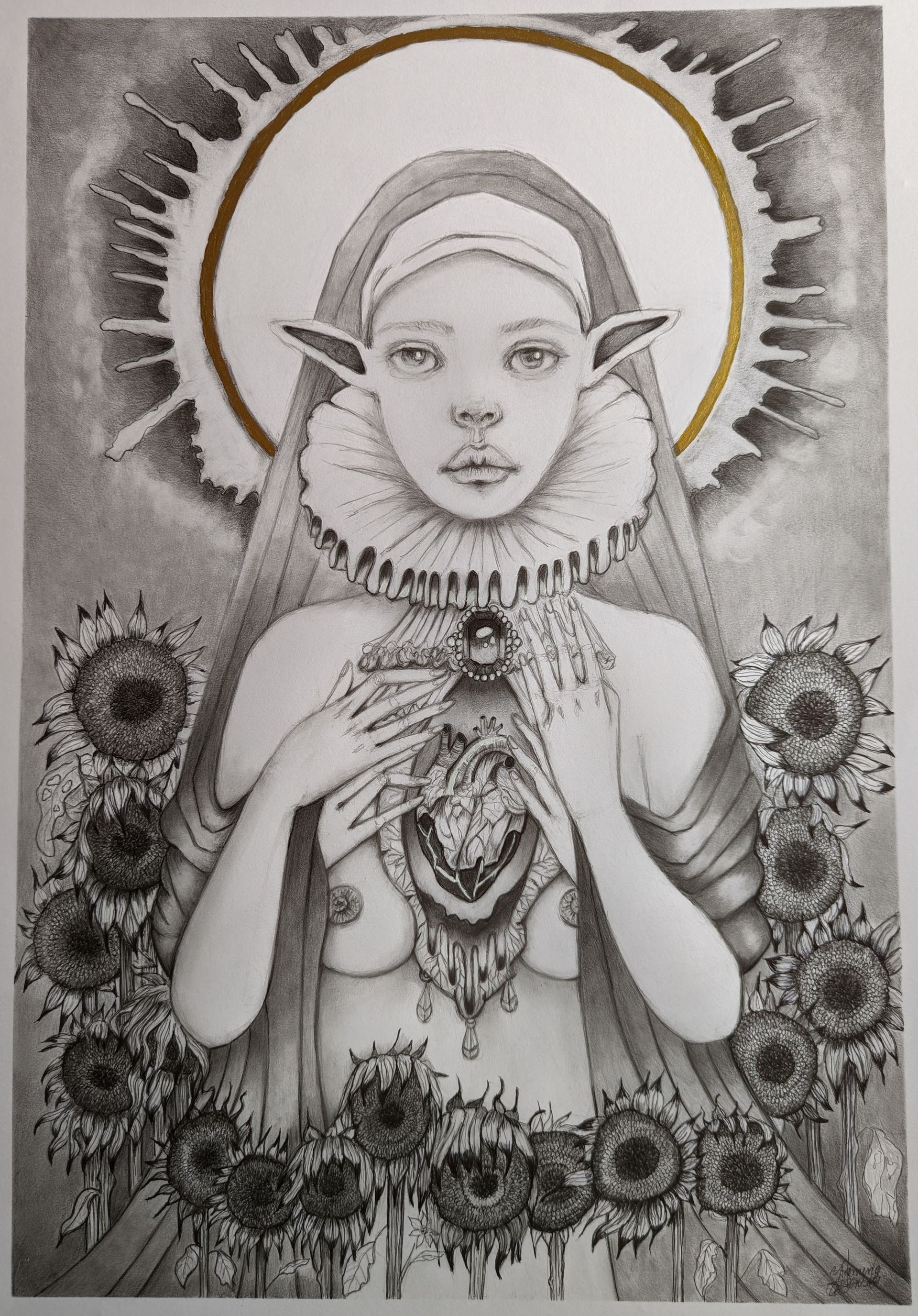 A black and white drawing of a woman with elf ears