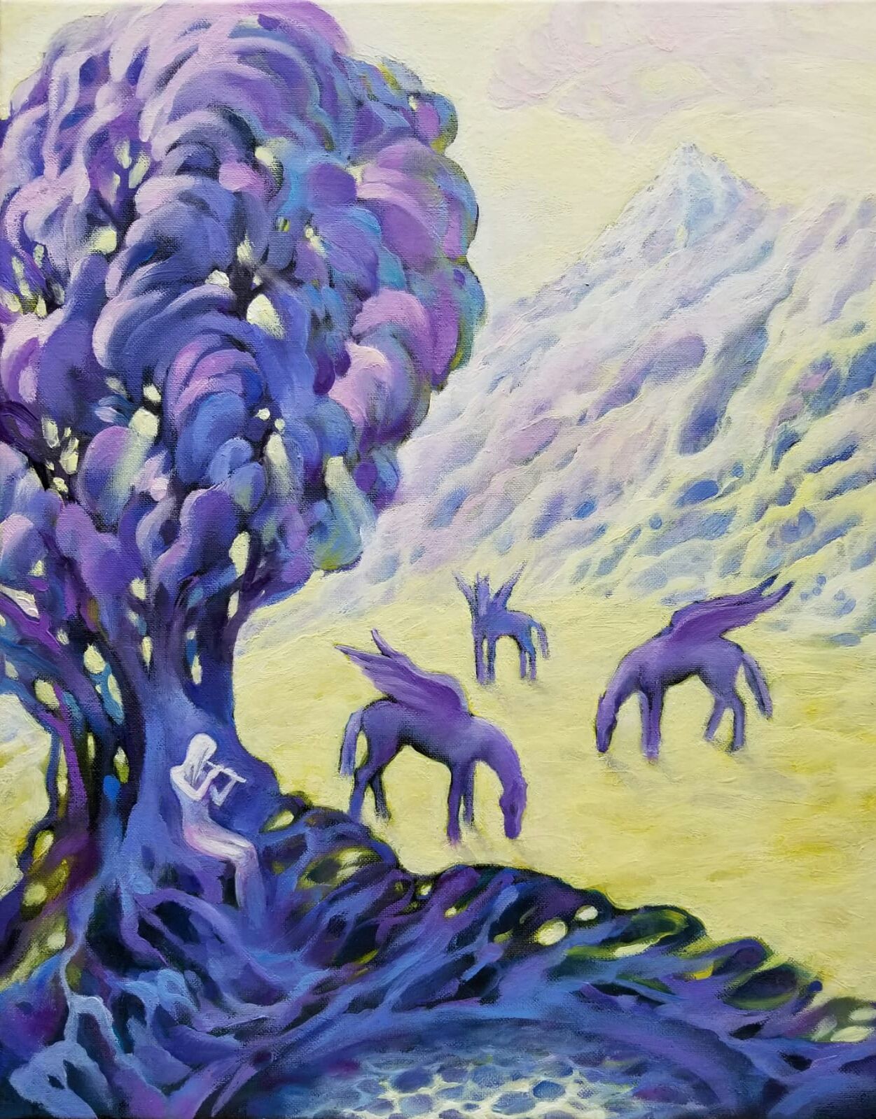 A painting of a person sitting under a tree with pegasus in the background